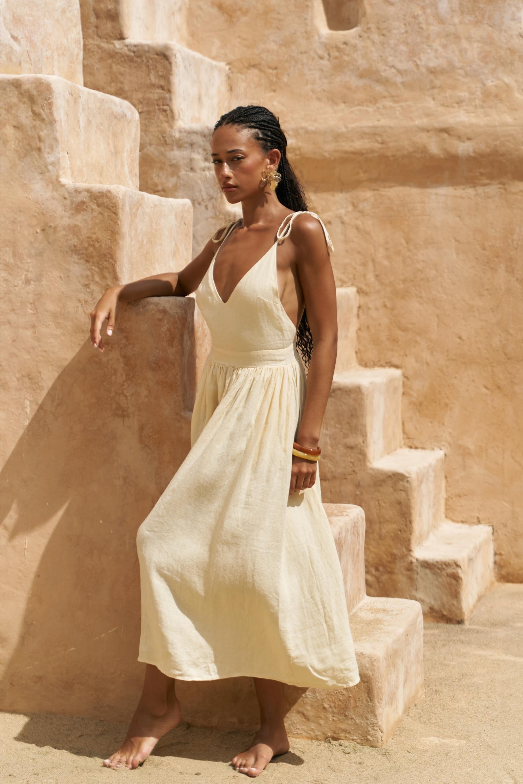 Eara Askılı Sarı Uzun Keten Elbise