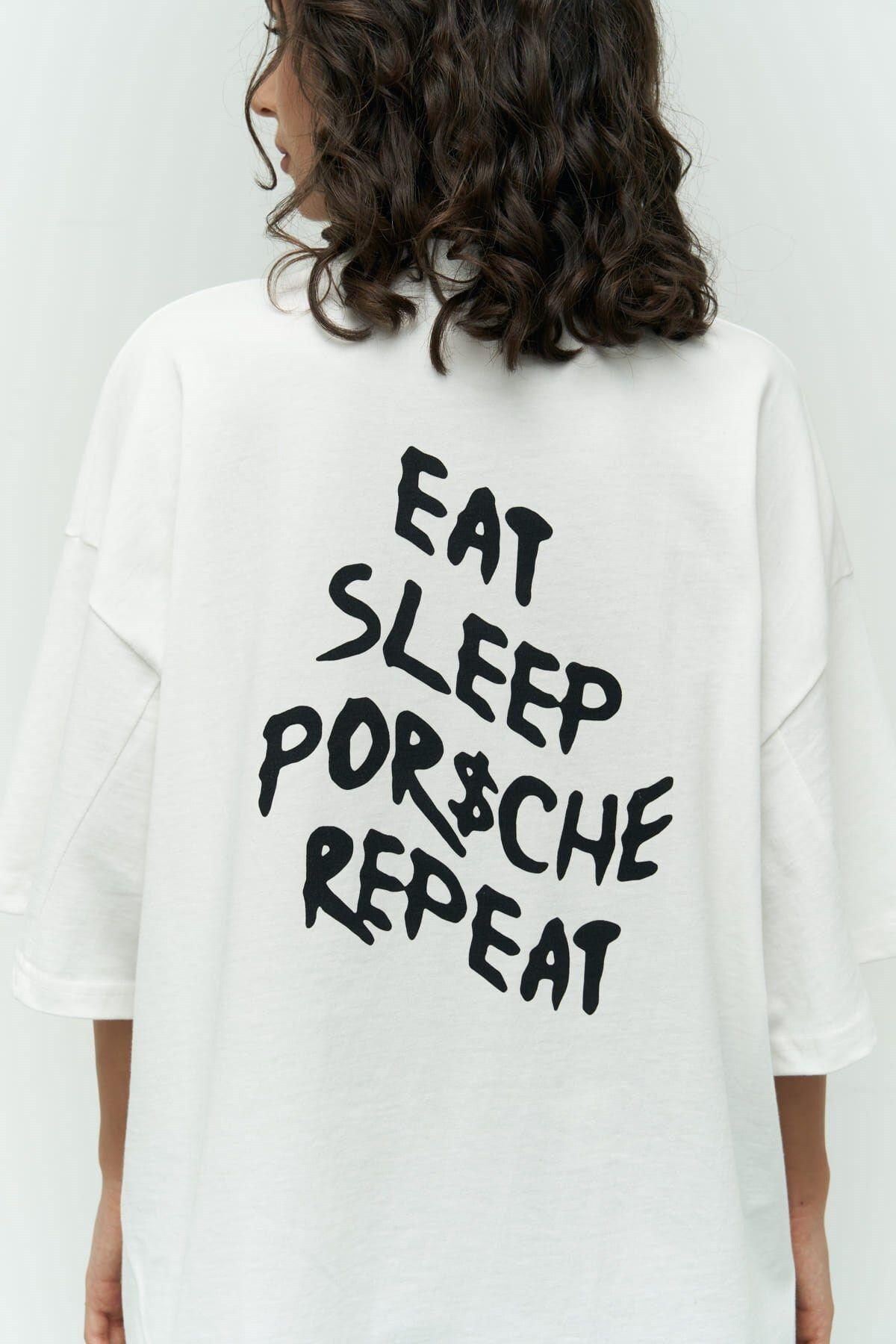 Eat Sleep Beyaz Oversize T-Shirt