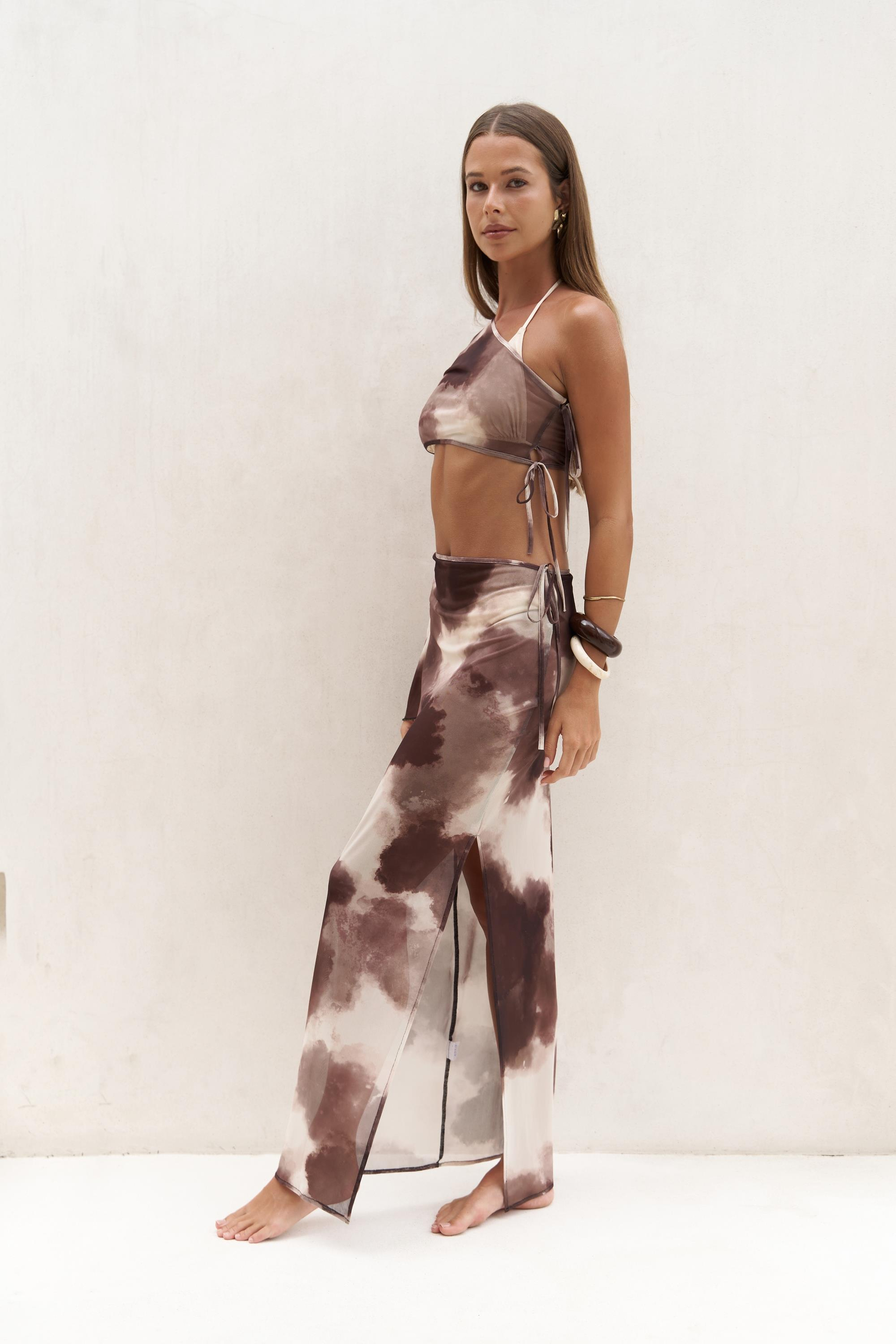 Efthimos Tek Omuz Kahve Crop Etek Takım