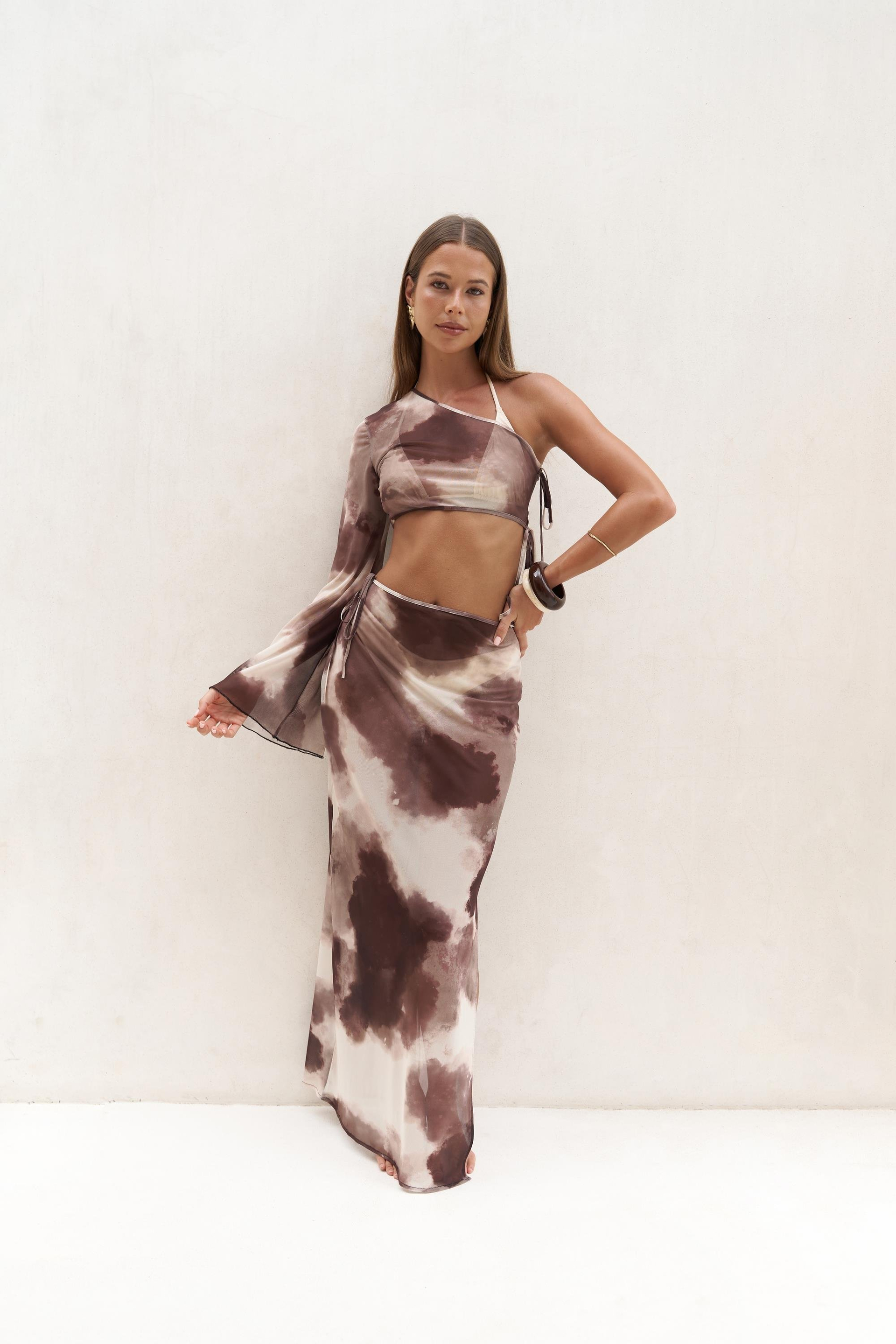 Efthimos Tek Omuz Kahve Crop Etek Takım