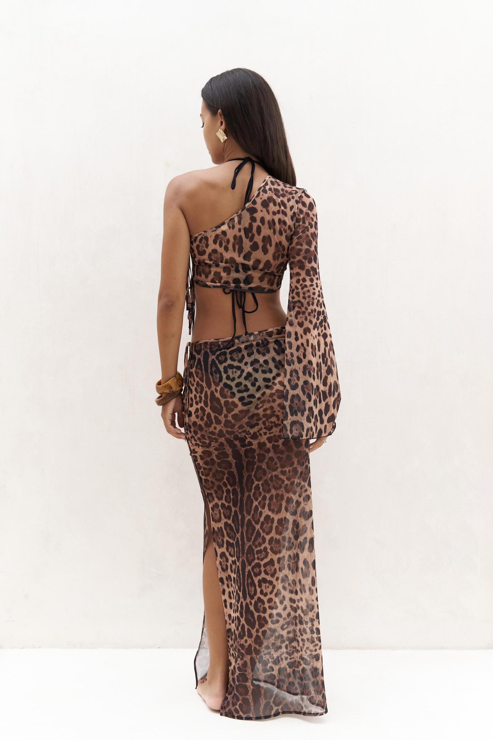 Efthimos Tek Omuz Leopar Desenli Crop Etek Takım 