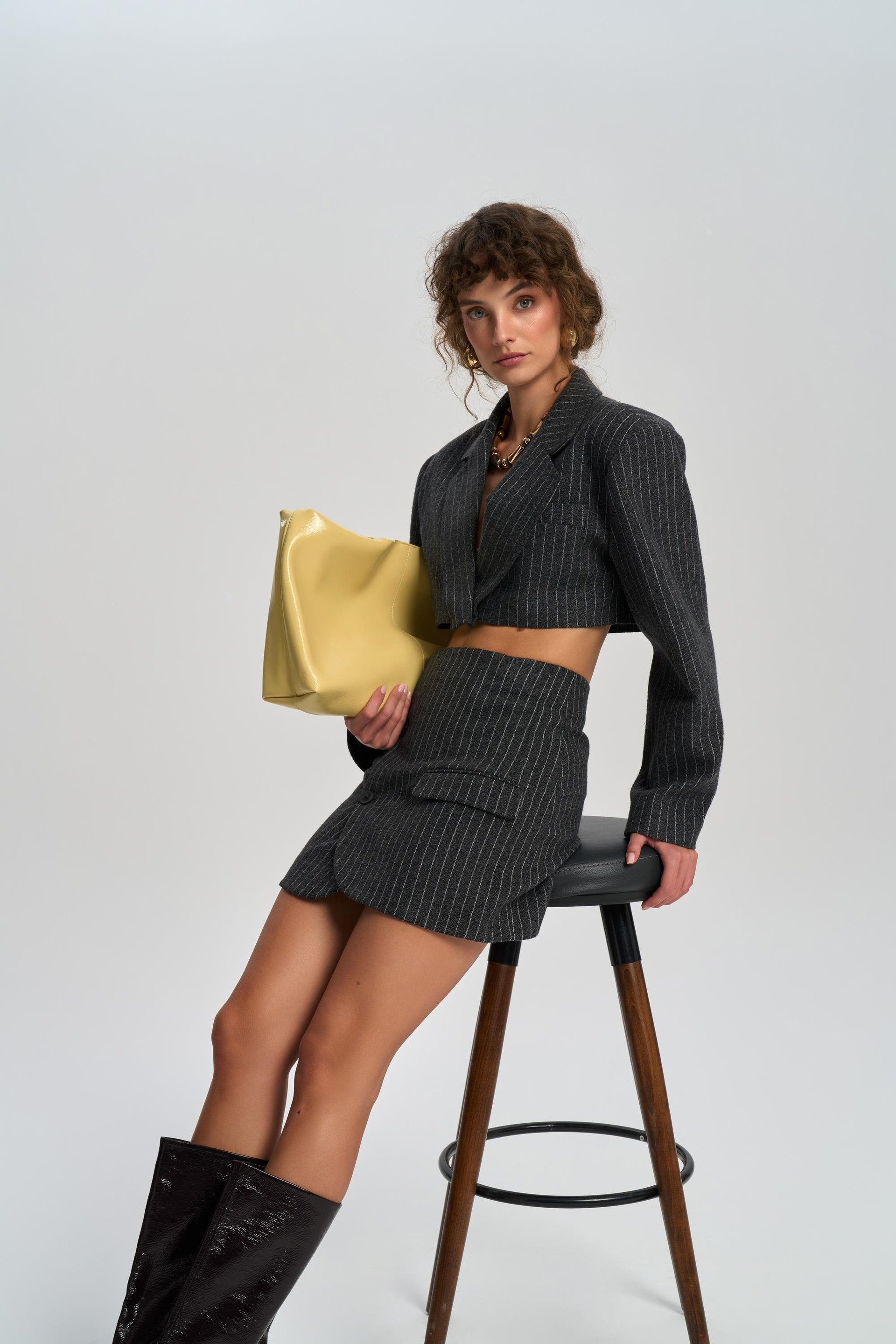 Elegant Charcoal Jacket-Skirt Set