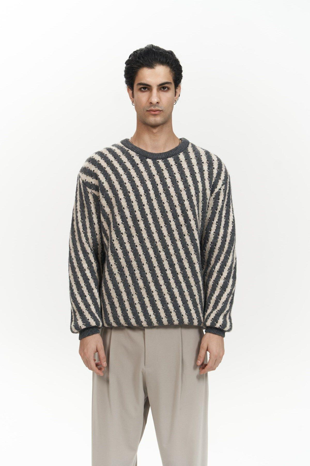 Elijah Şeritli Antrasit Erkek Triko Kazak