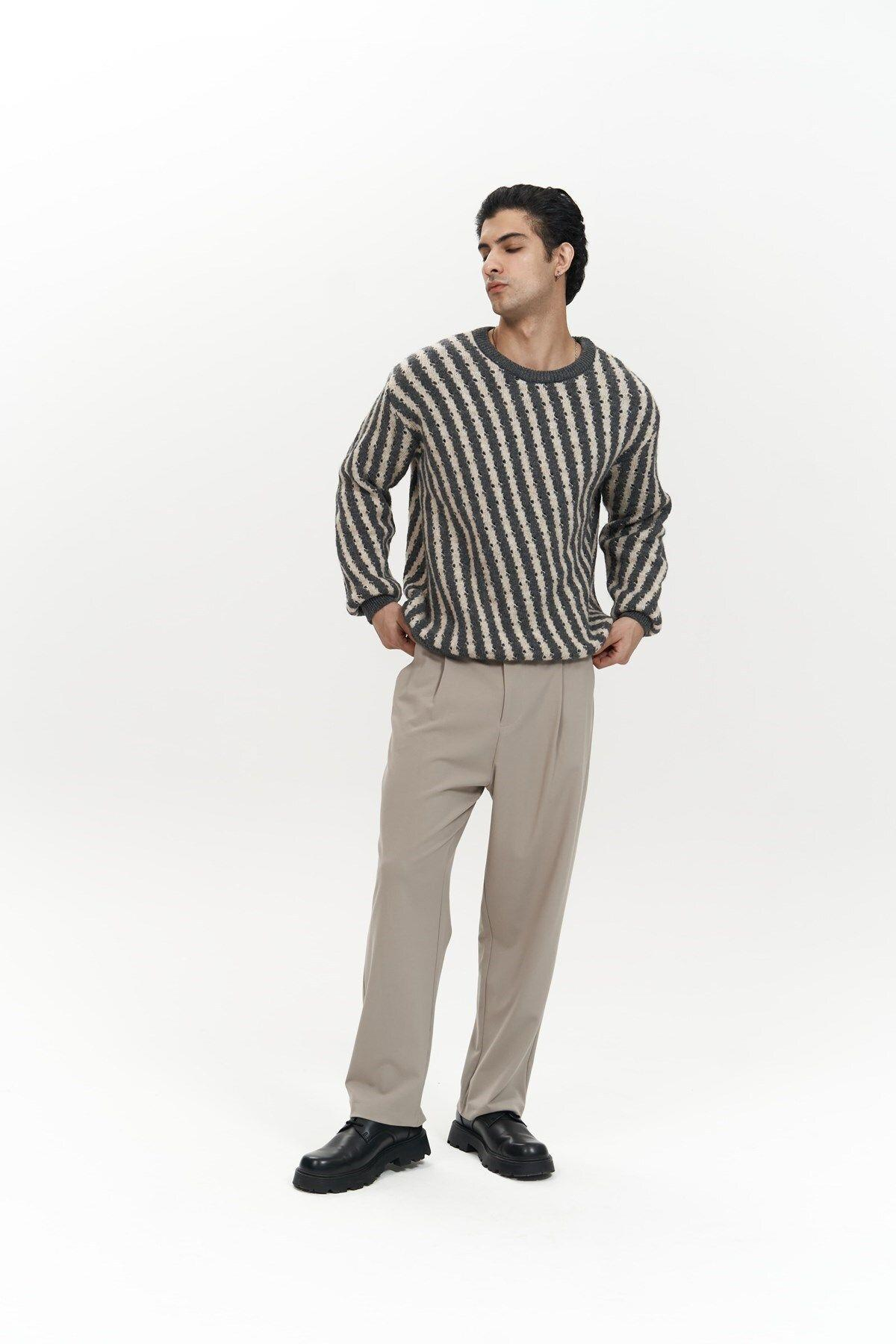 Elijah Şeritli Antrasit Erkek Triko Kazak