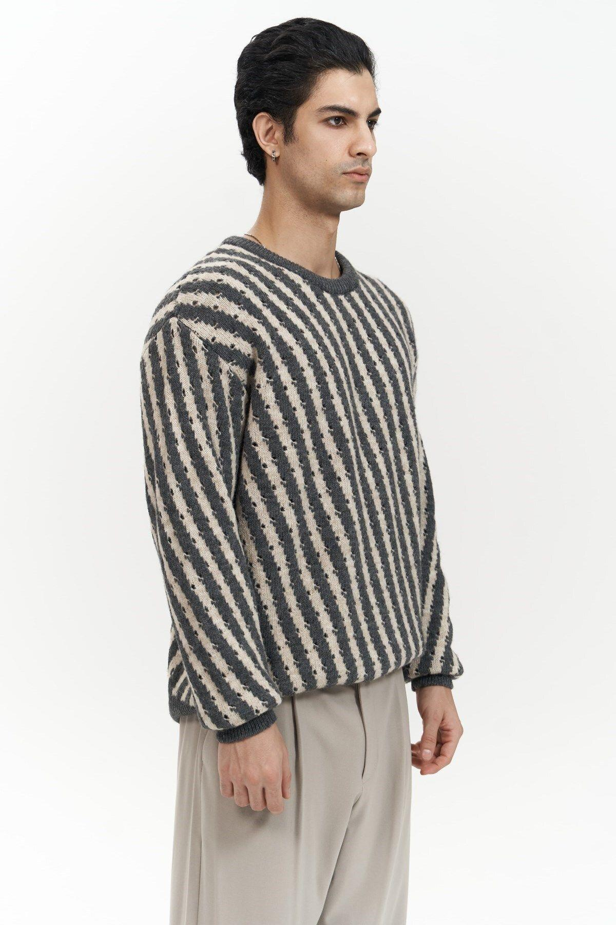 Elijah Şeritli Antrasit Erkek Triko Kazak