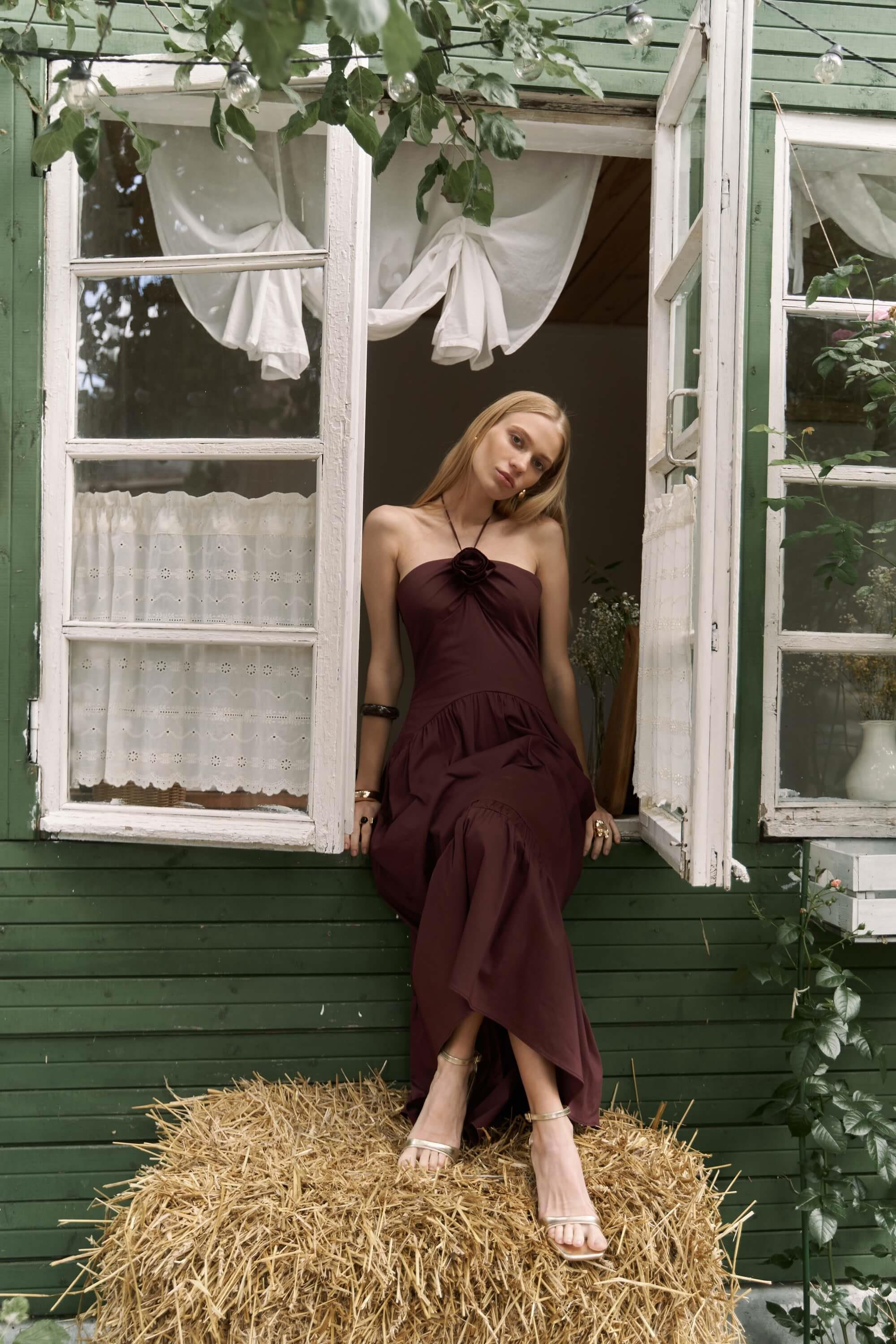 Elisa Gül Detay Bordo Uzun Elbise