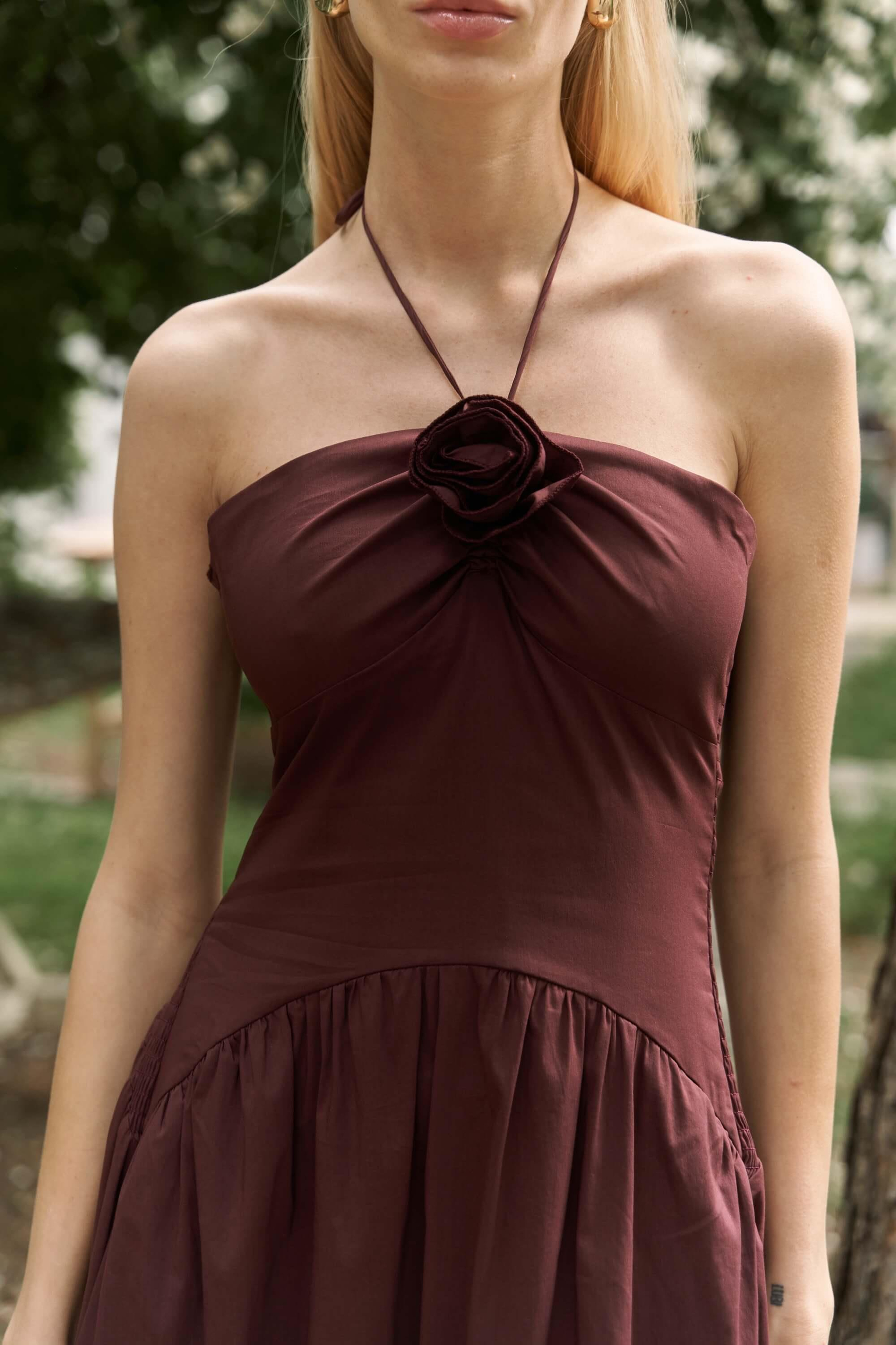 Elisa Gül Detay Bordo Uzun Elbise