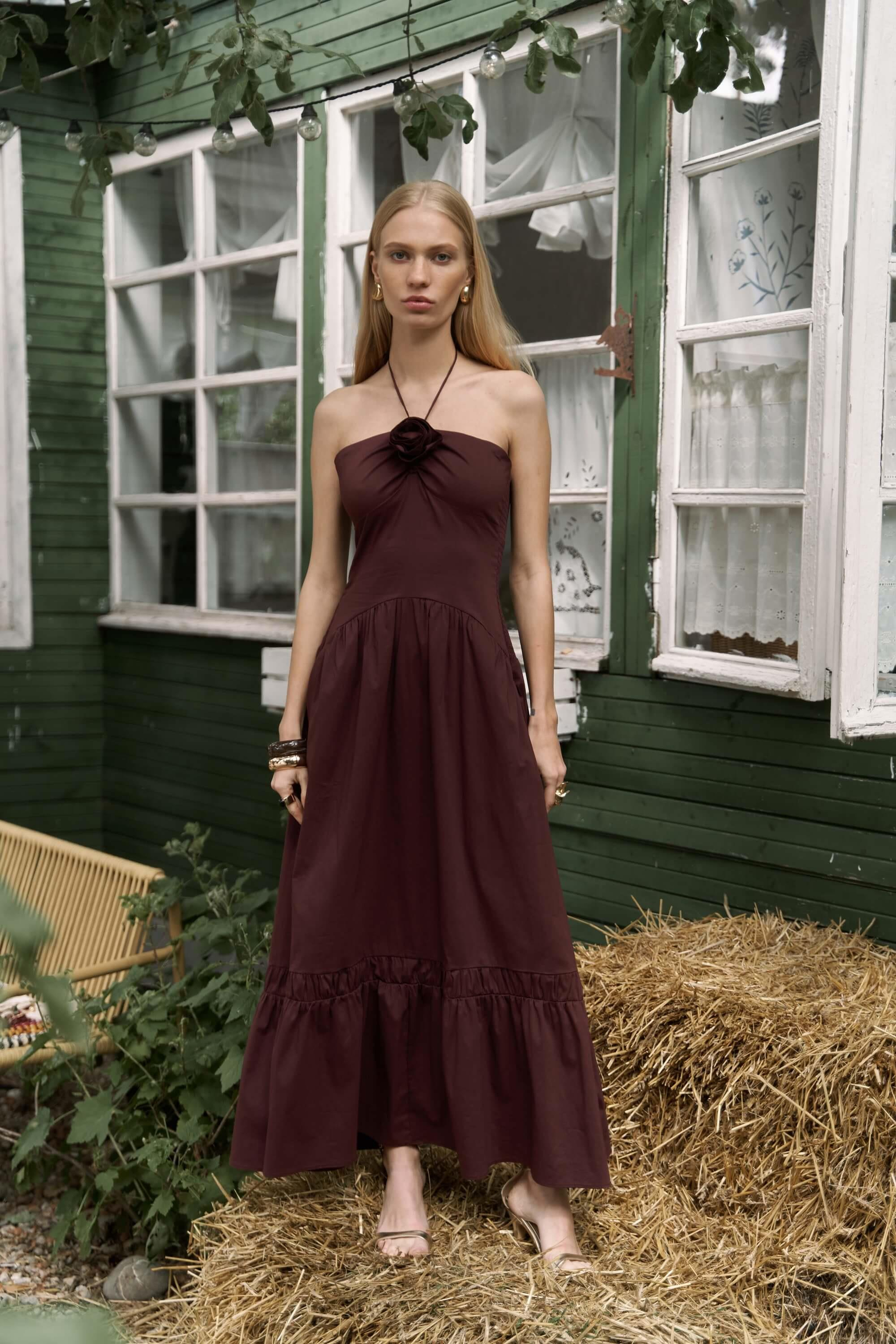 Elisa Gül Detay Bordo Uzun Elbise