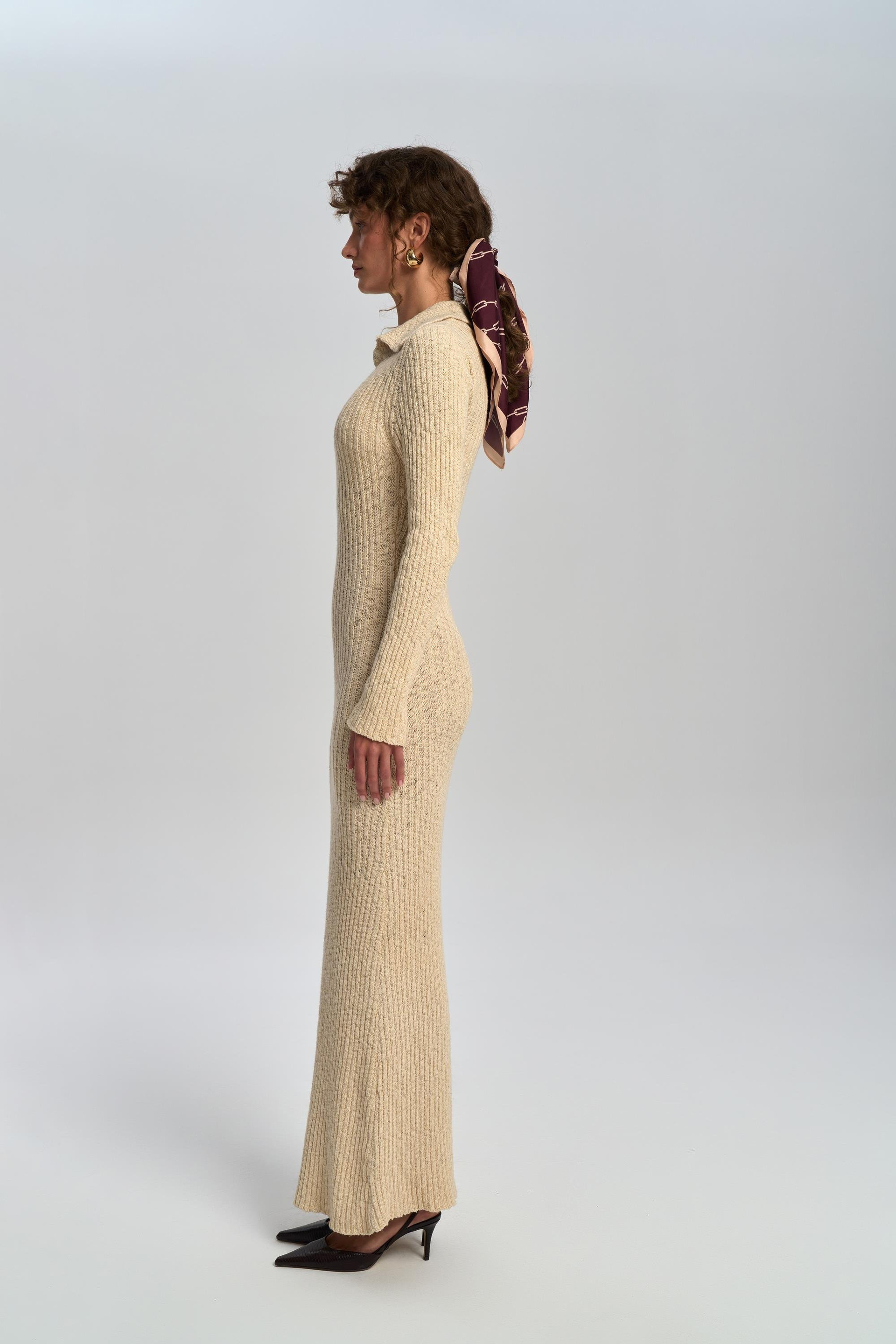 Eloria Polo Yaka Bej Triko Elbise