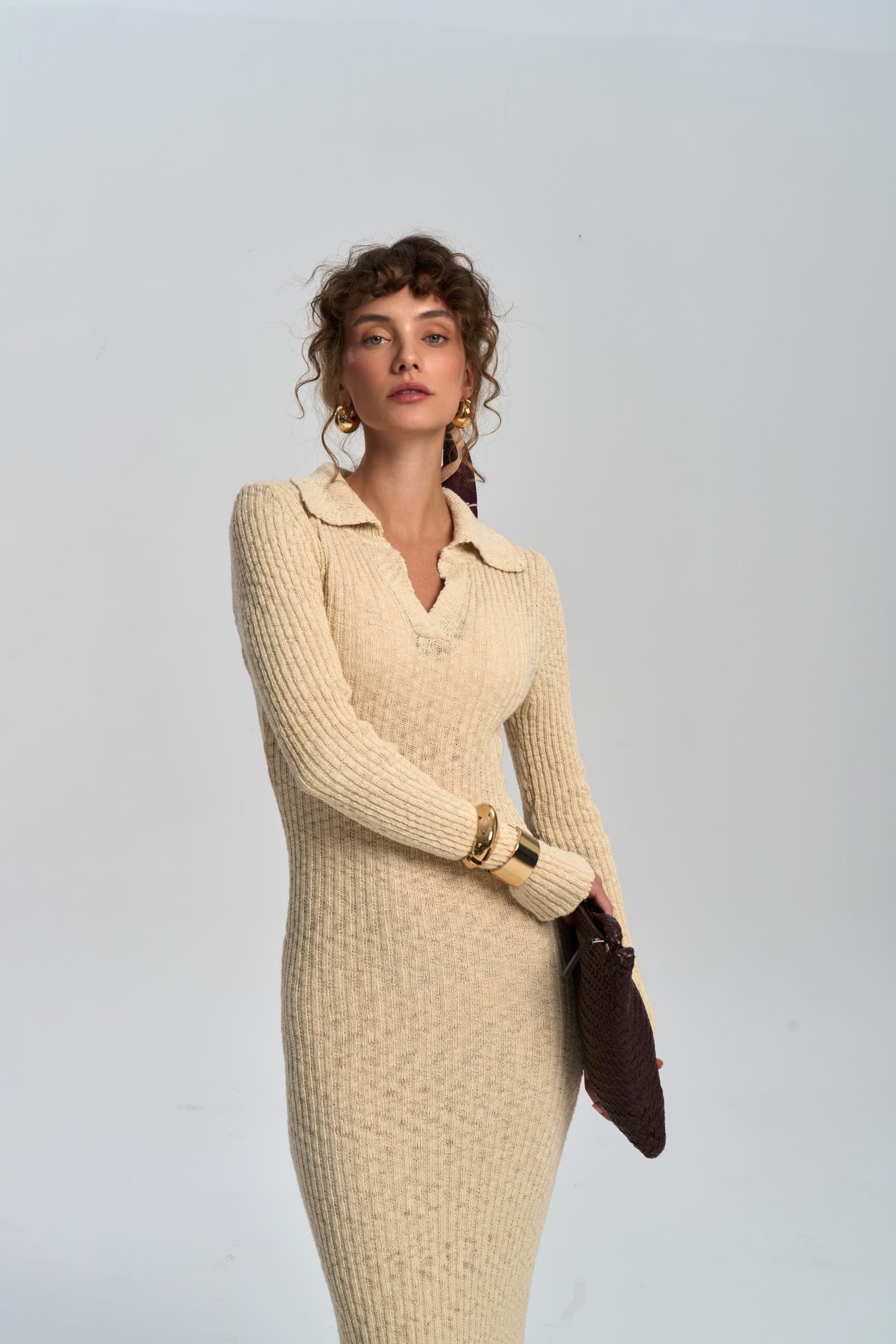 Eloria Polo Yaka Bej Triko Elbise