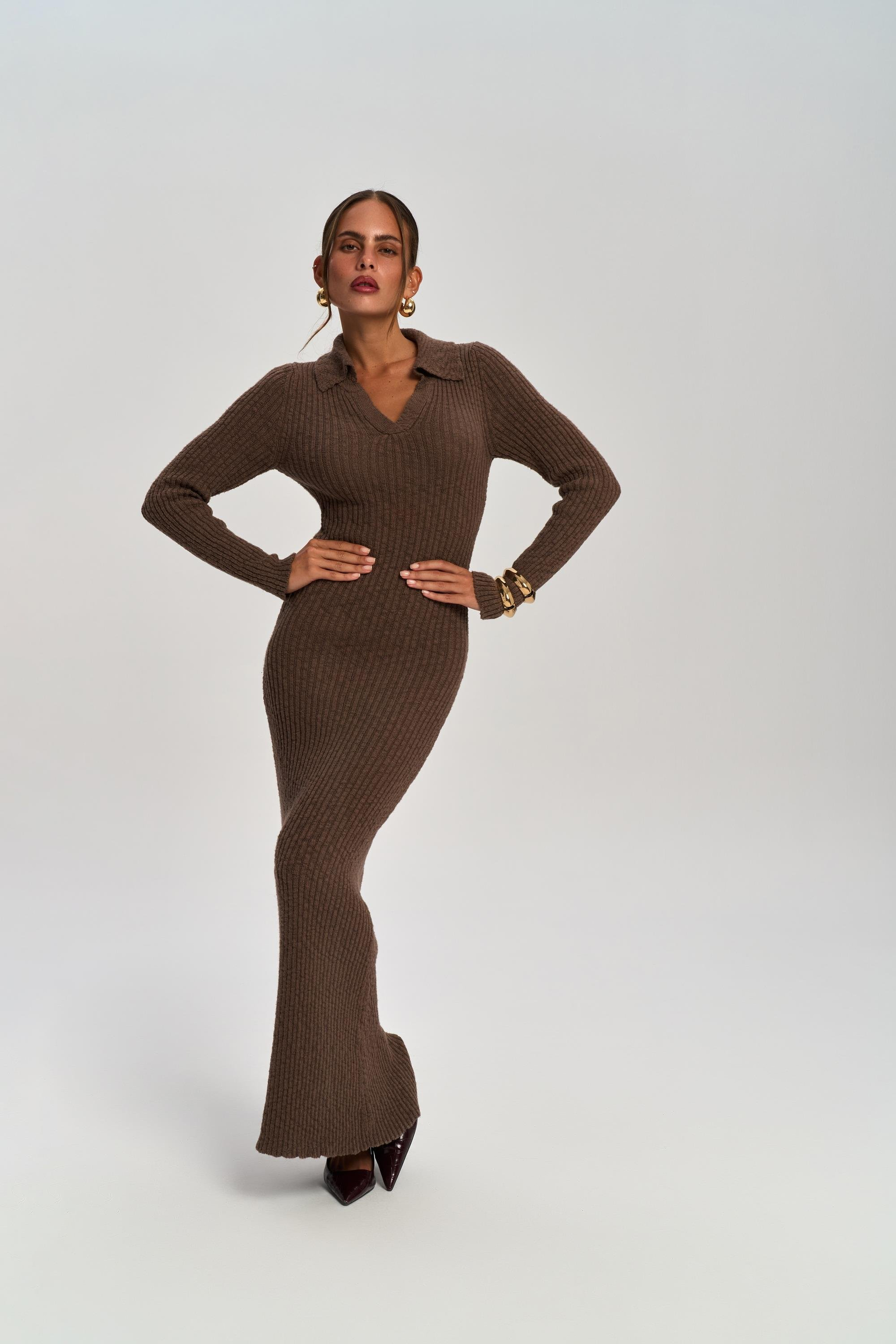 Eloria Polo Yaka Kahve Triko Elbise