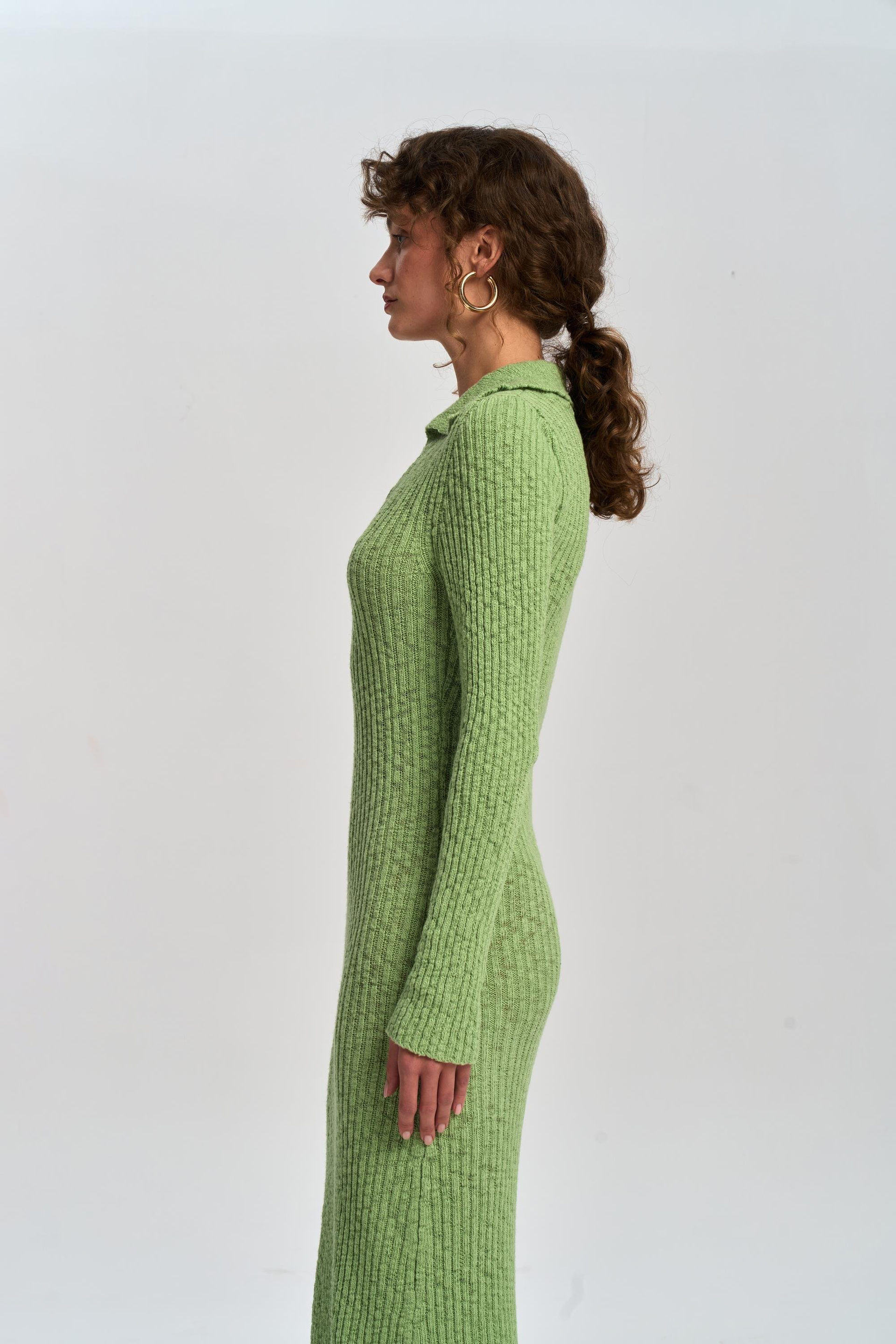 Eloria Polo Yaka Yeşil Triko Elbise