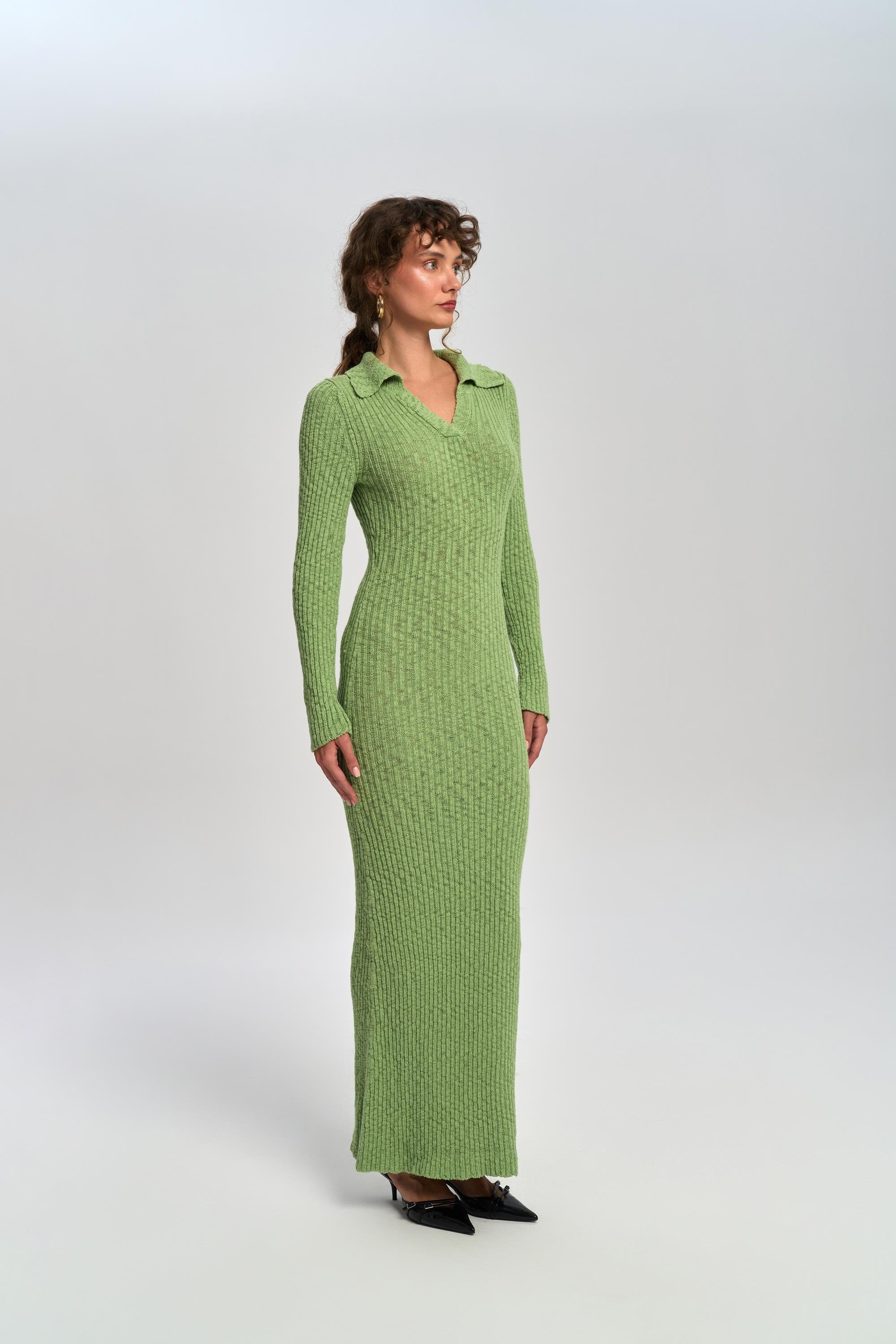 Eloria Polo Yaka Yeşil Triko Elbise