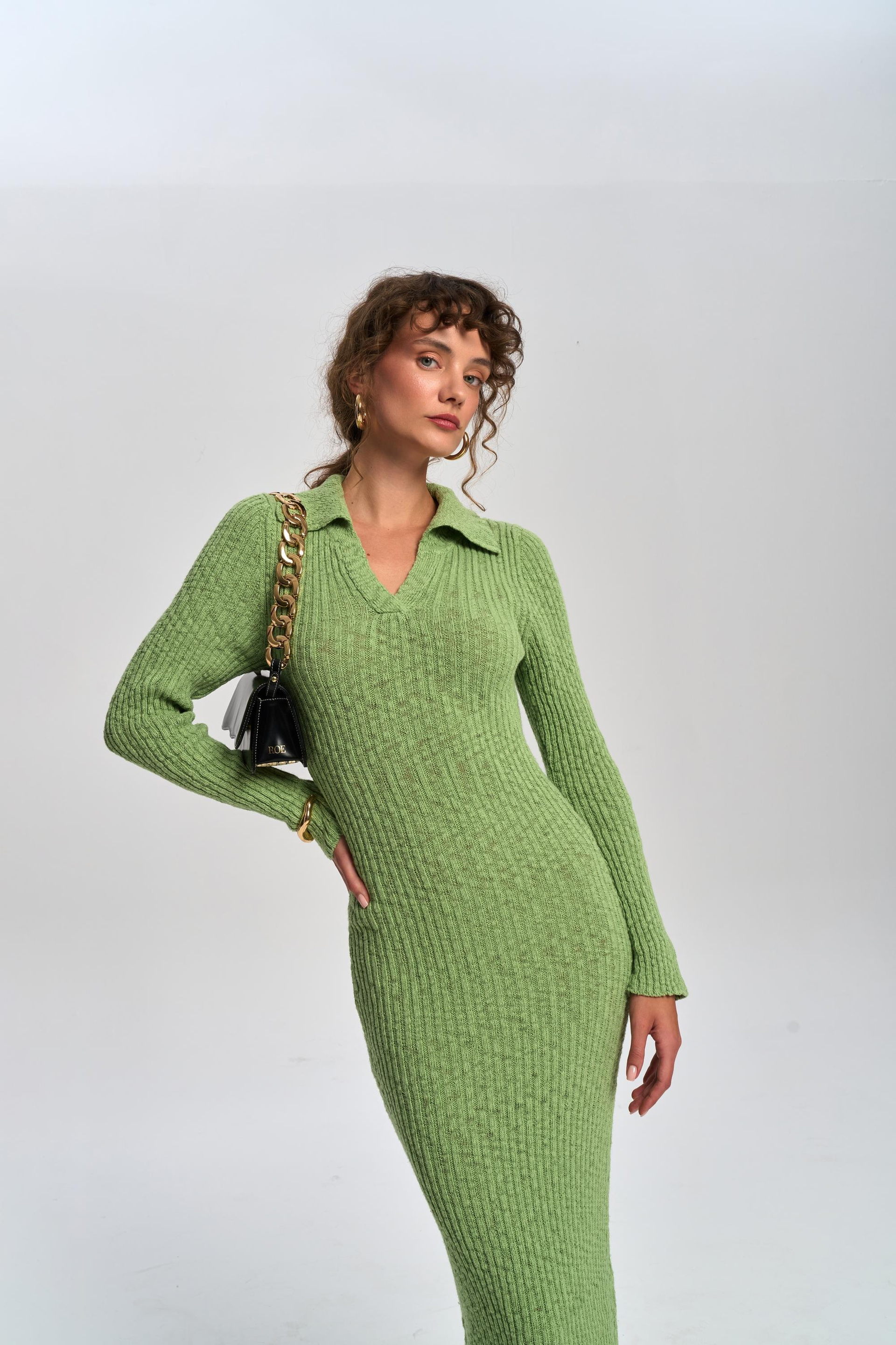 Eloria Polo Yaka Yeşil Triko Elbise