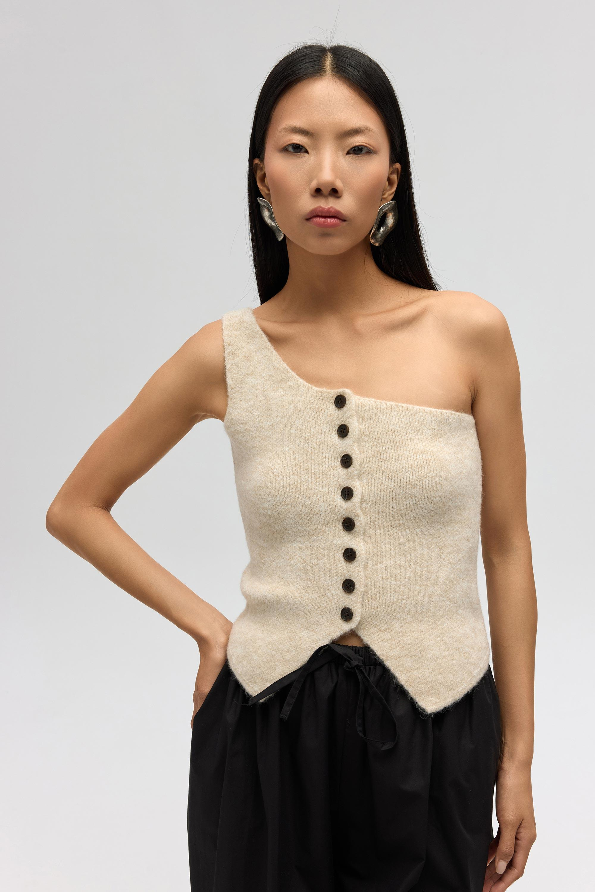 Elvar Tek Omuz Bej Triko Crop