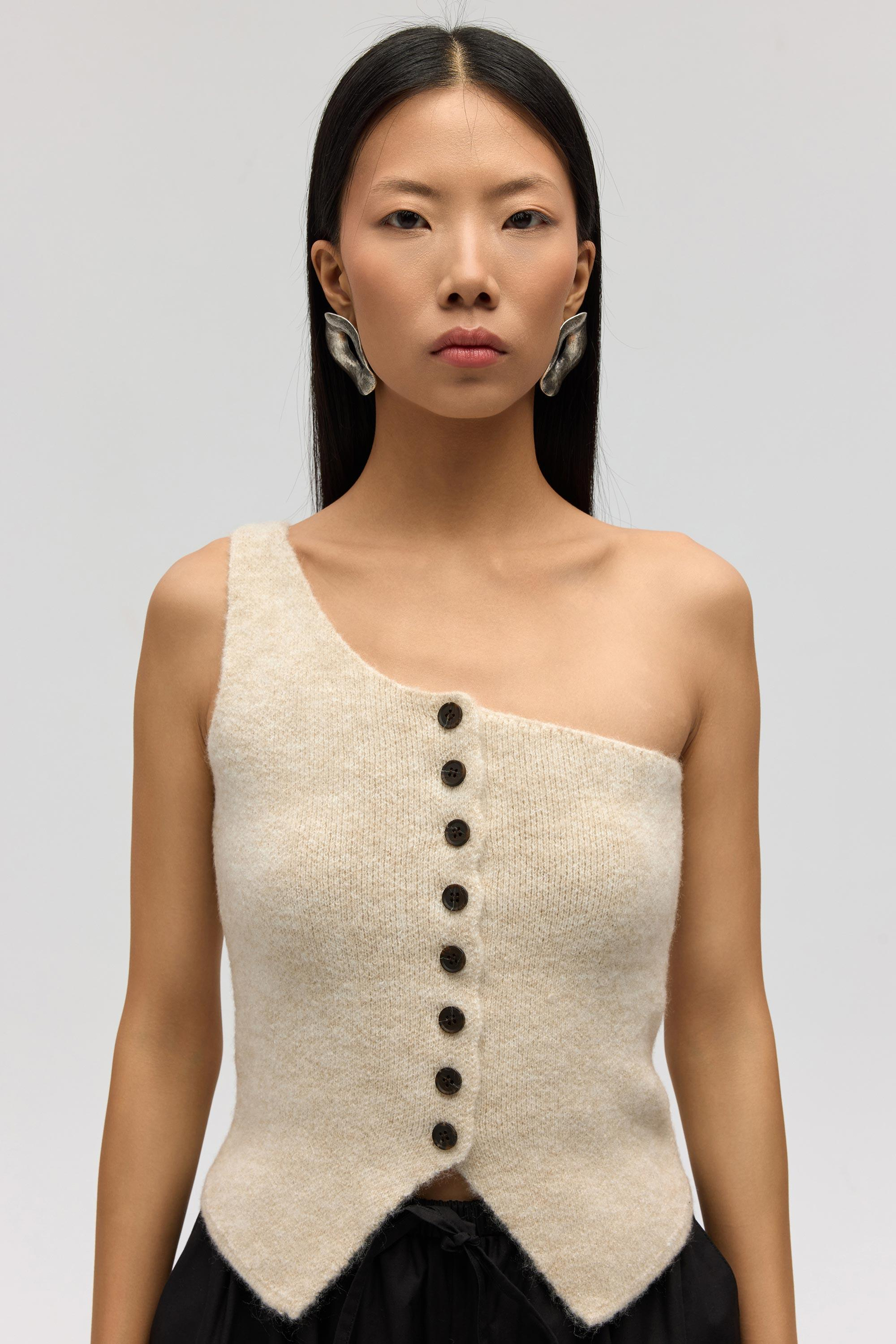 Elvar Tek Omuz Bej Triko Crop