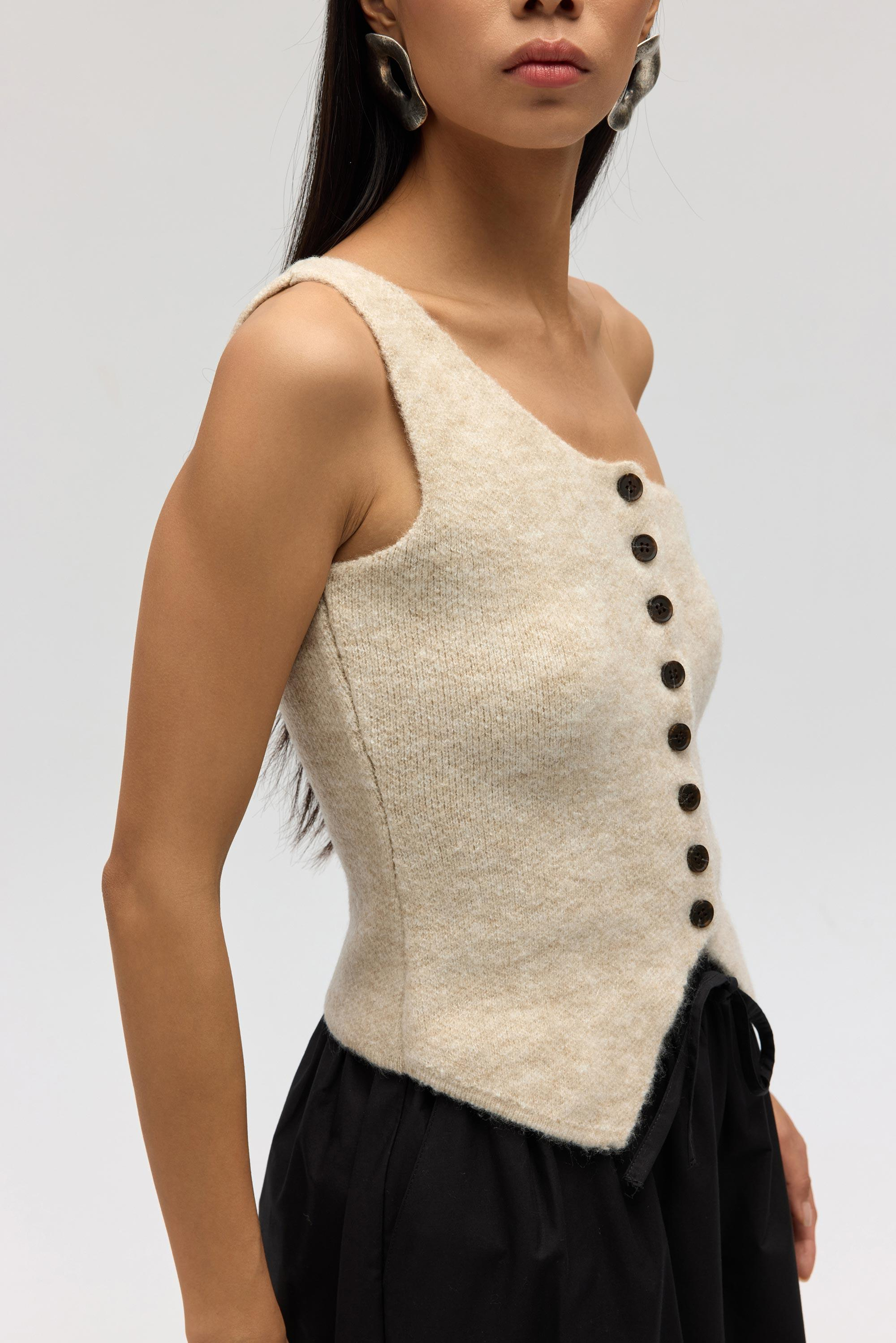 Elvar Tek Omuz Bej Triko Crop