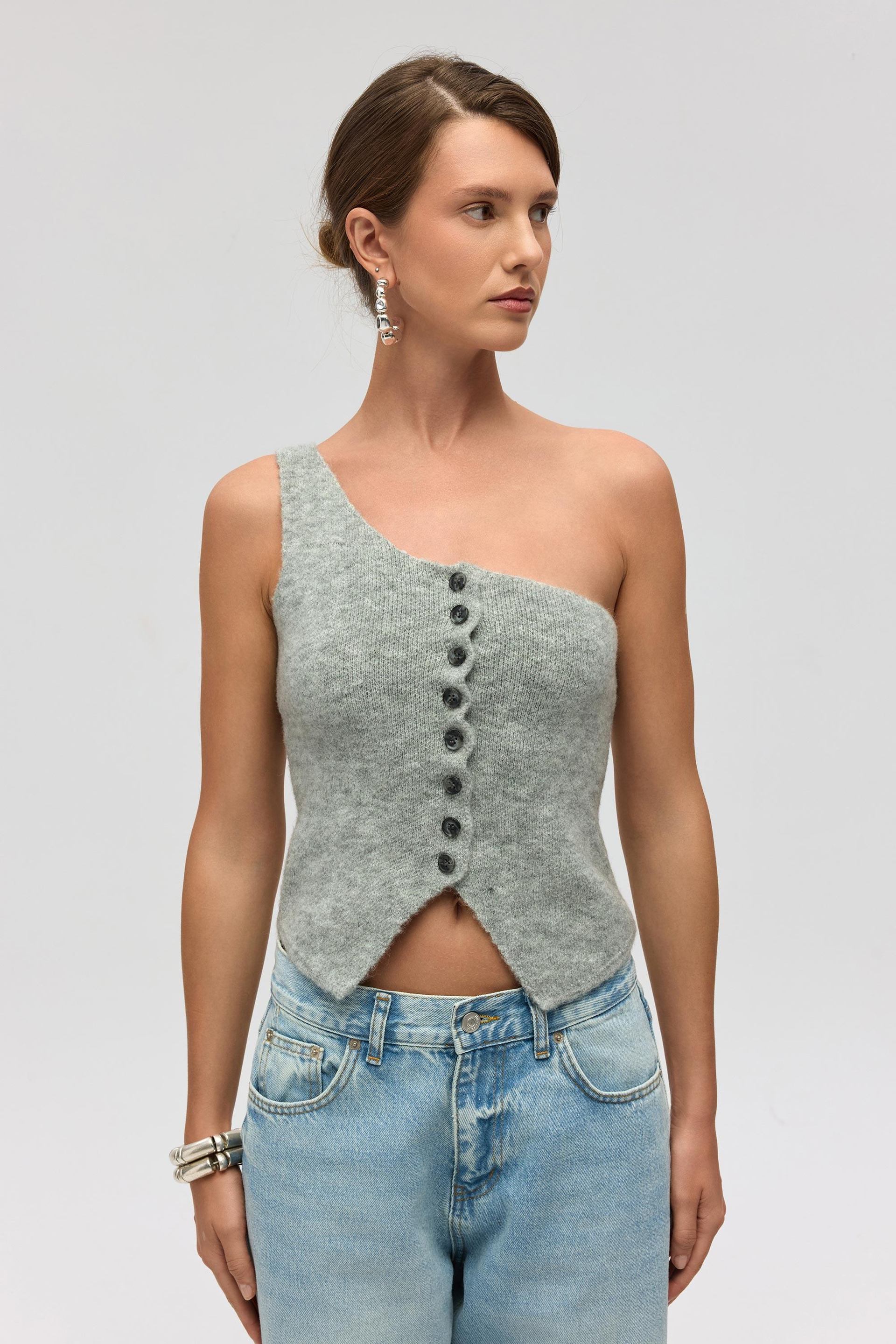 Elvar Tek Omuz Gri Triko Crop