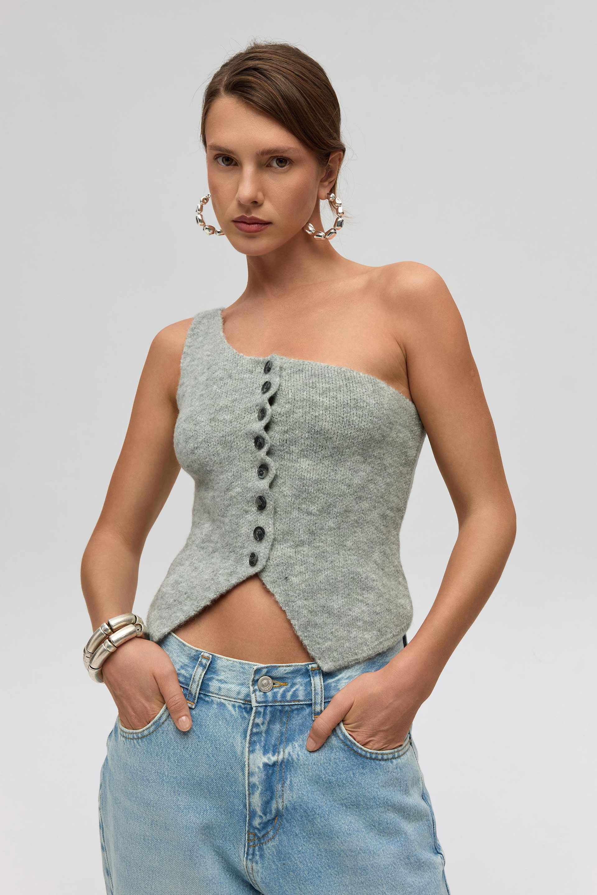 Elvar Tek Omuz Gri Triko Crop