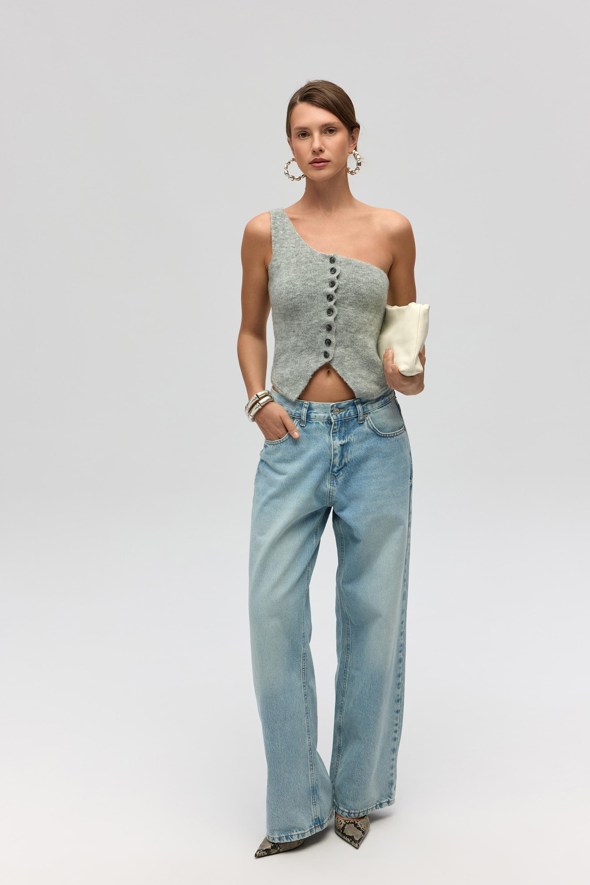 Elvar Tek Omuz Gri Triko Crop