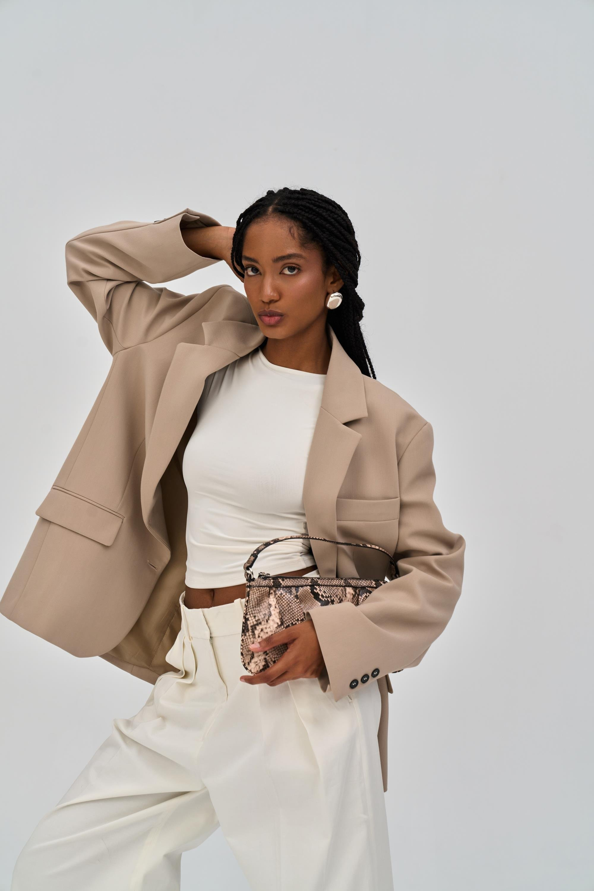 Emma Stitch Detailed Beige Blazer