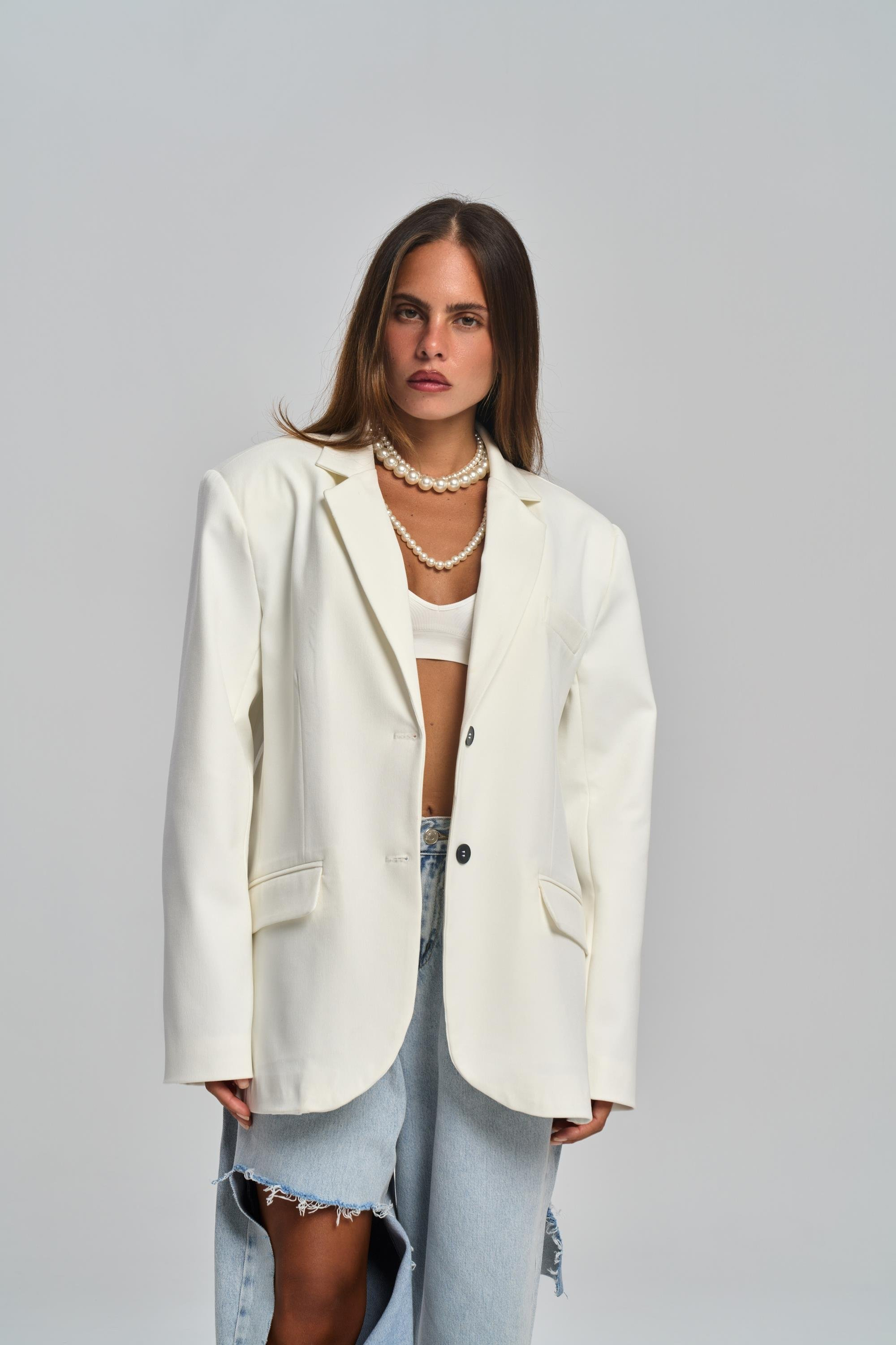 Emma Dikiş Detaylı Ekru Blazer