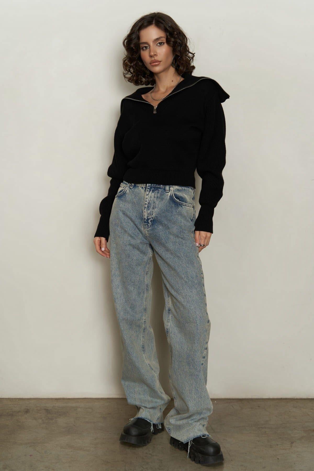 Endless Yarım Zrope-Up Black Sweater