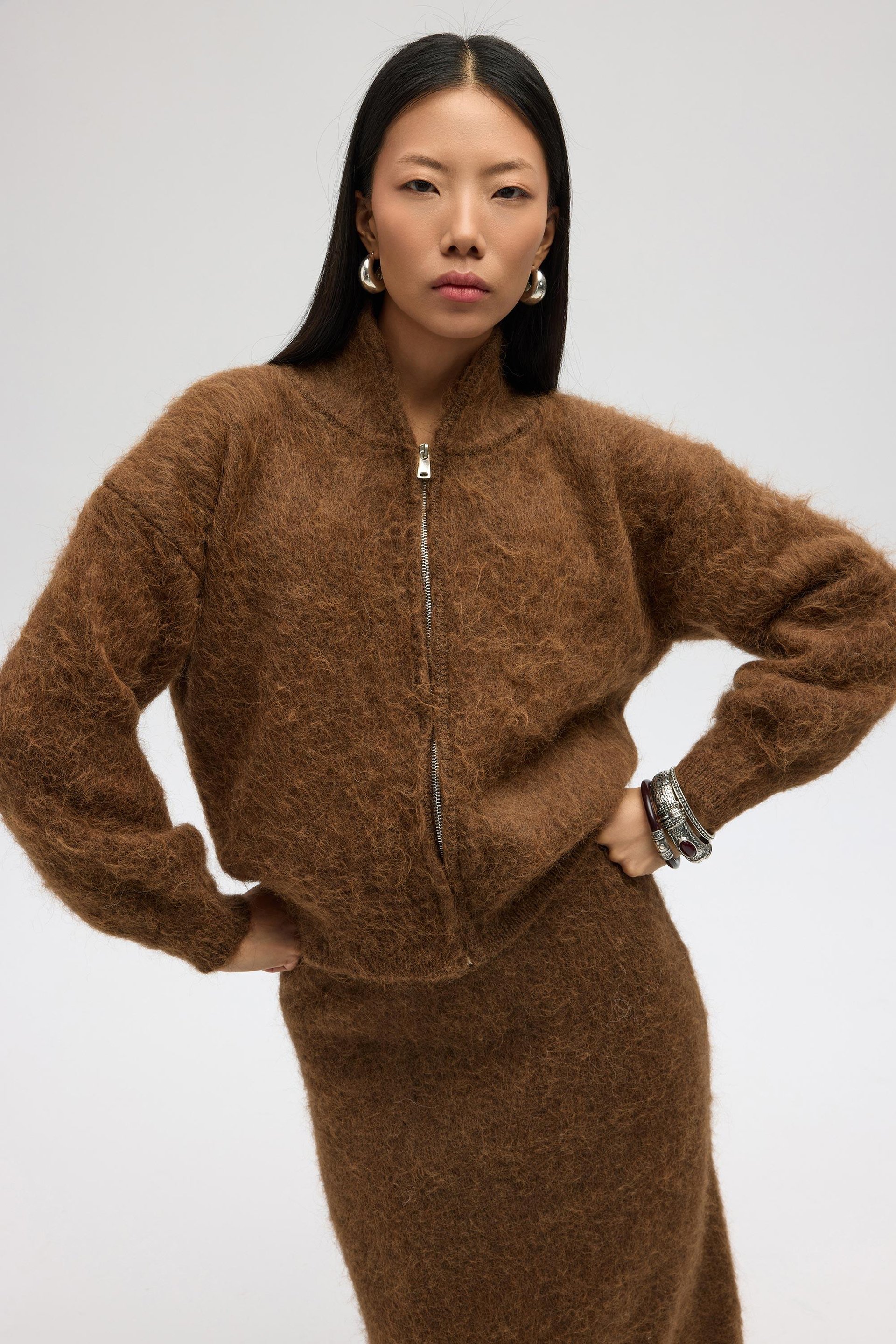 Eskara Fermuarlı Açık Kahve Triko Hırka