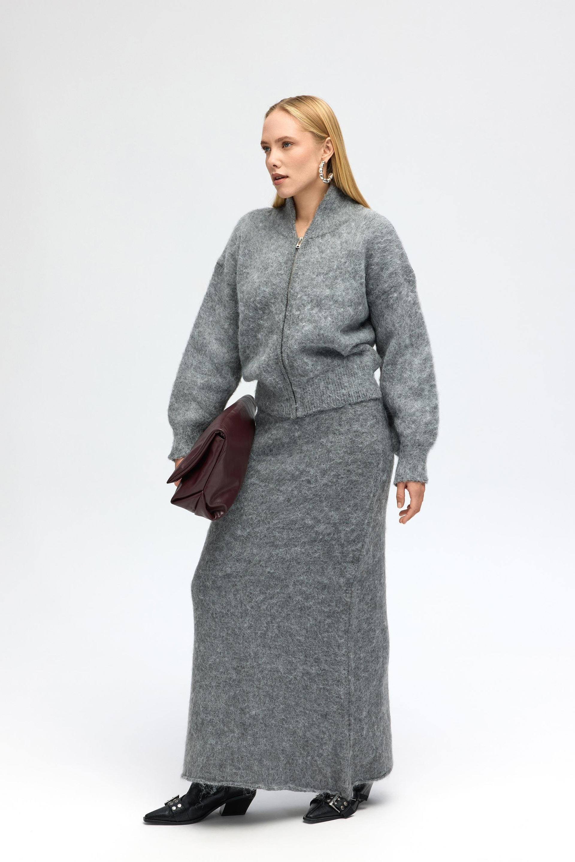 Eskara Fermuarlı Gri Triko Hırka