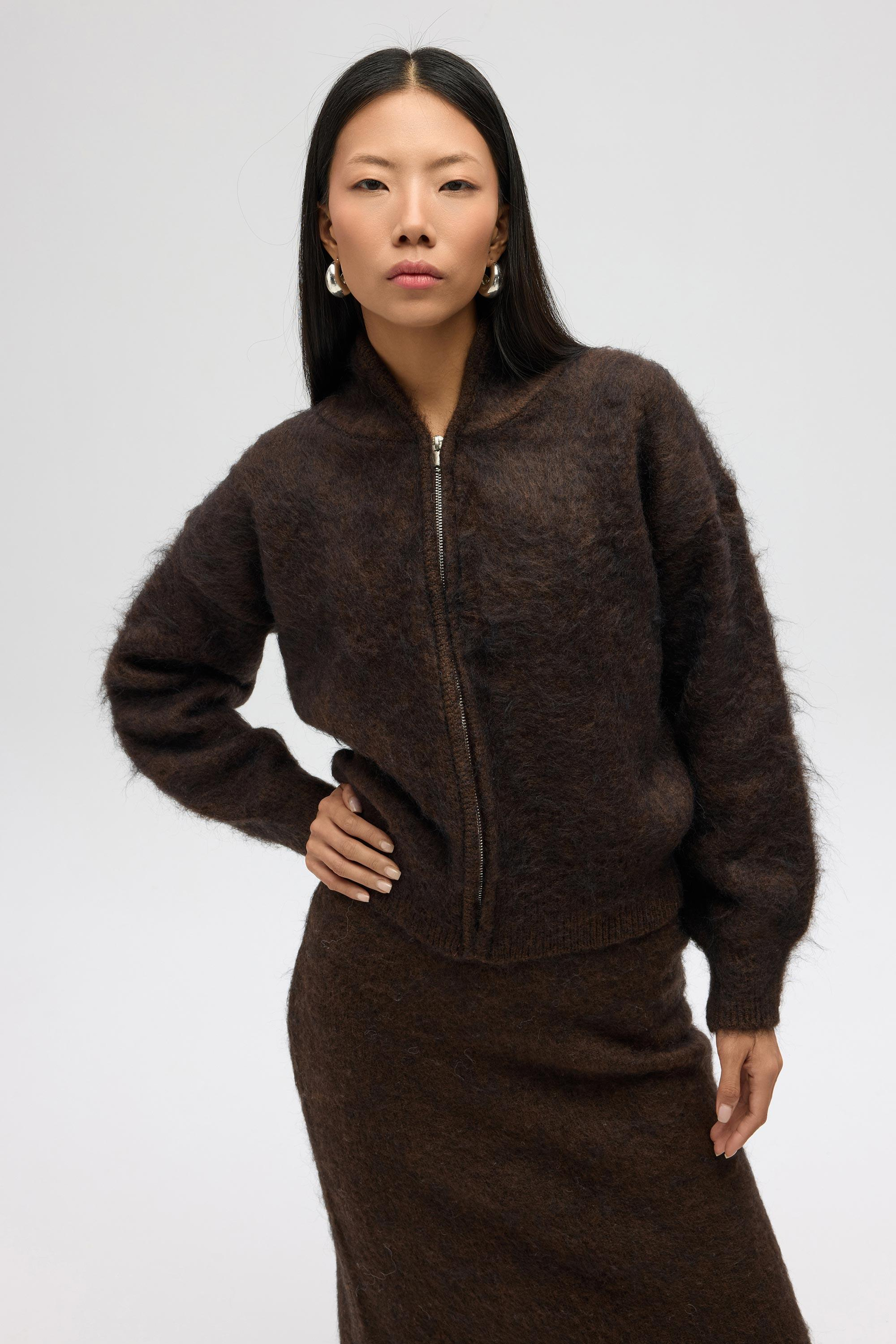 Eskara Fermuarlı Kahve Triko Hırka