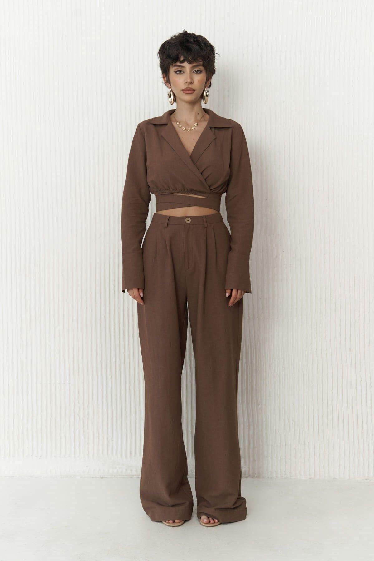 Estila Kahve Crop Pantolon Takım
