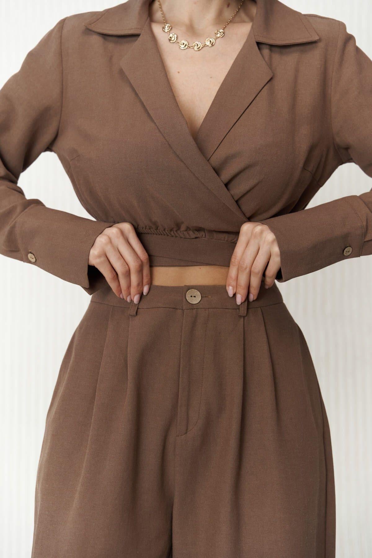Estila Kahve Crop Pantolon Takım