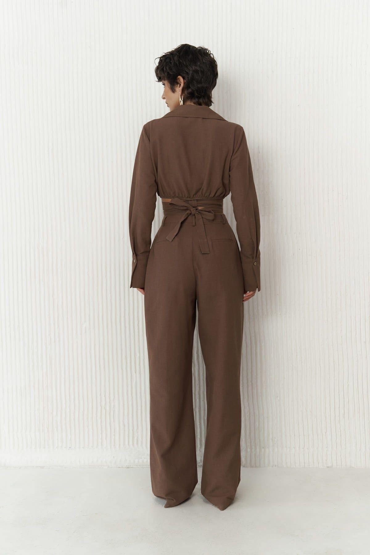 Estila Kahve Crop Pantolon Takım