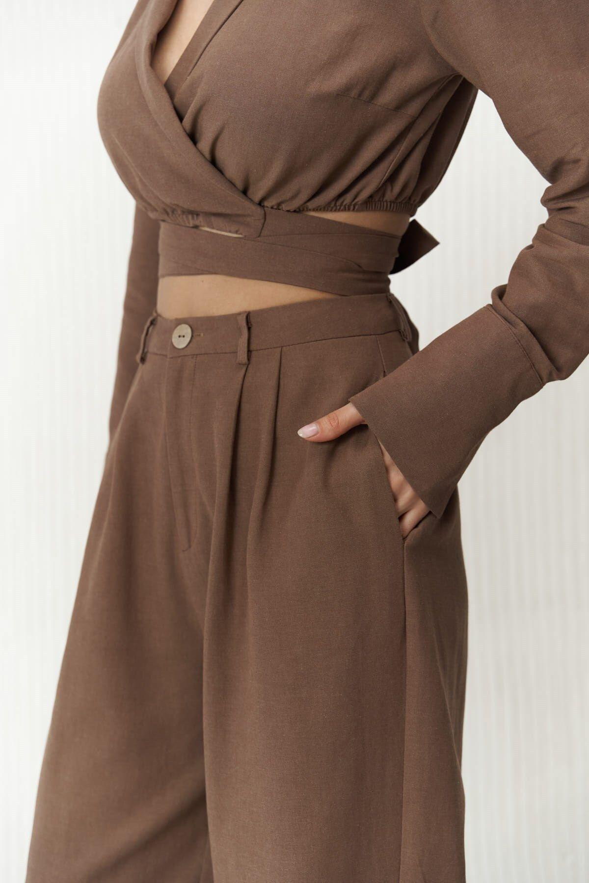 Estila Kahve Crop Pantolon Takım