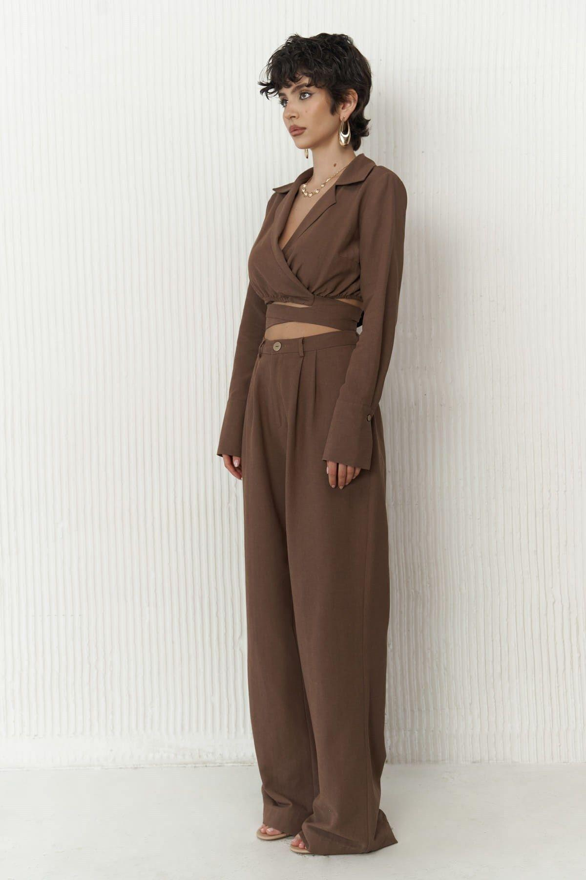Estila Kahve Crop Pantolon Takım