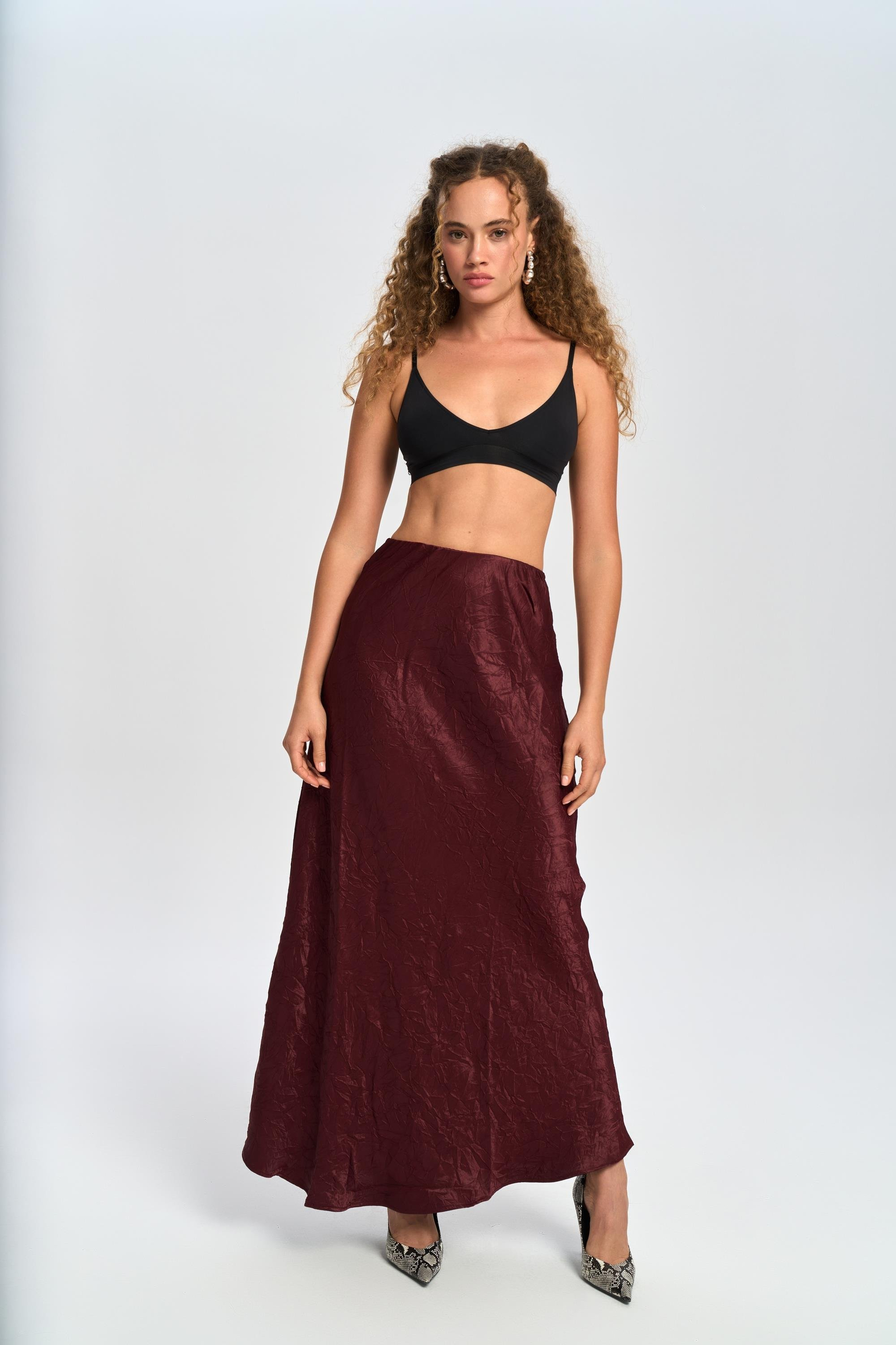 Eubah Kırışık Uzun Bordo Saten Etek