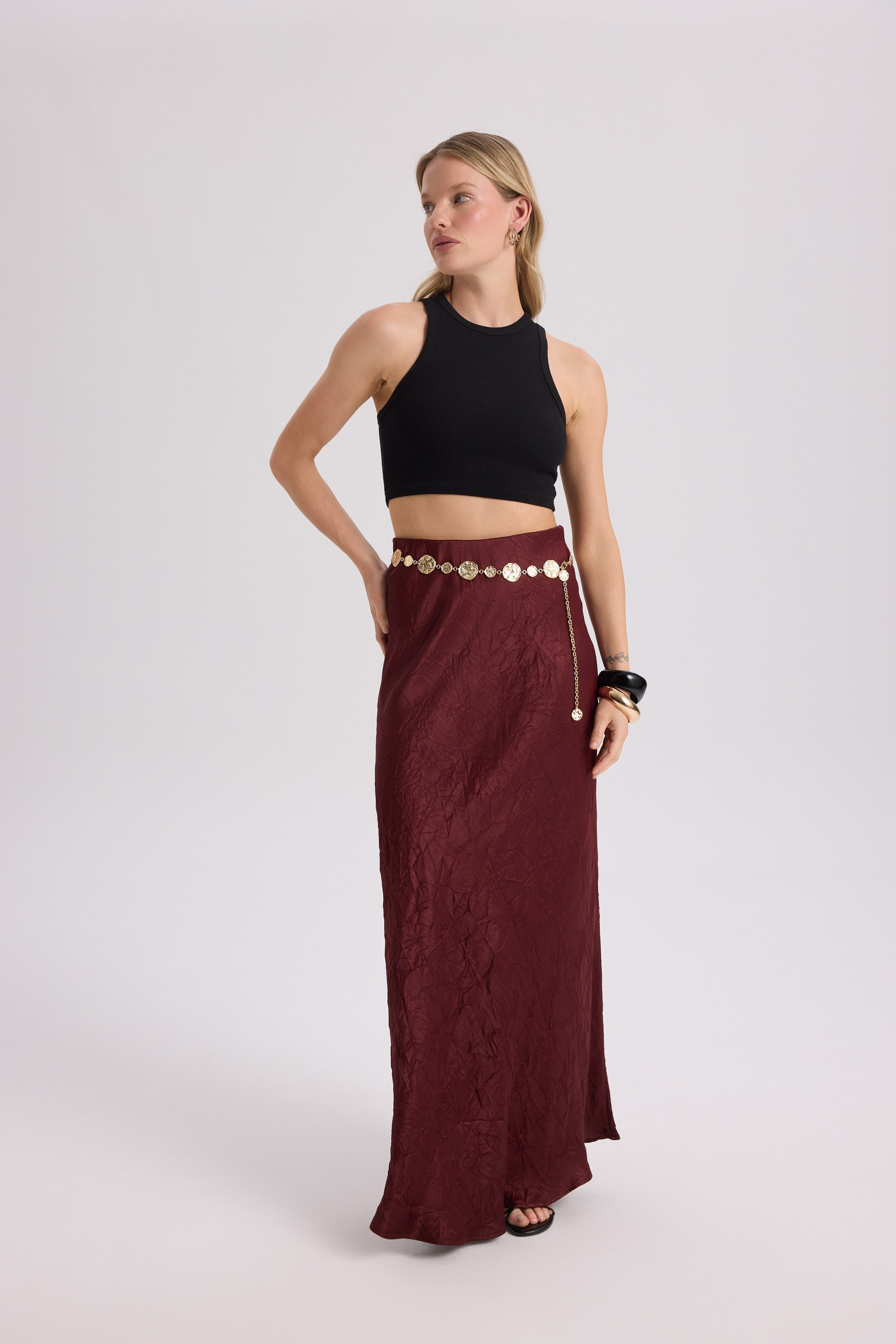 Eubah Crinkle-Effect Long Burgundy Satin Skirt