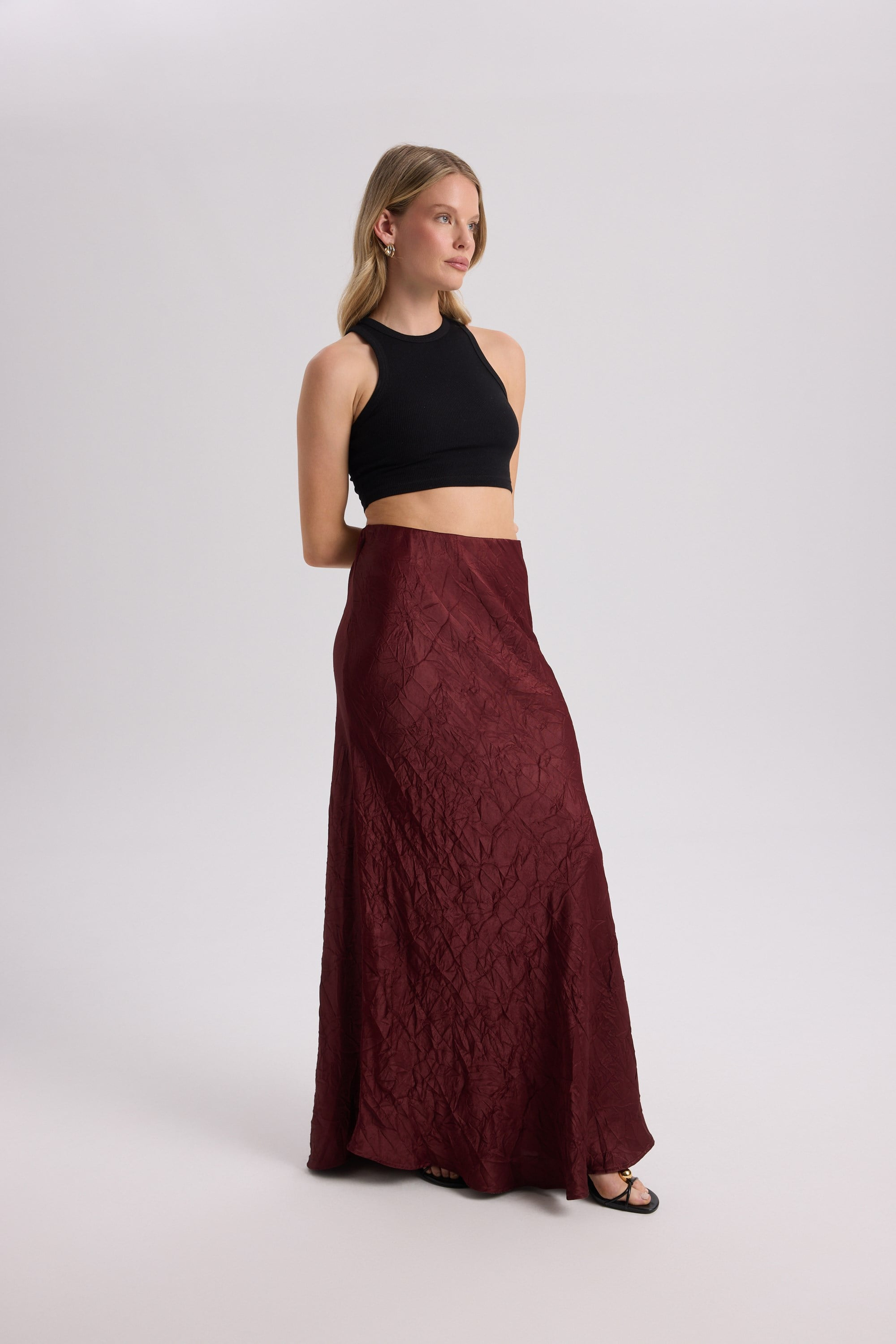 Eubah Crinkle-Effect Long Burgundy Satin Skirt