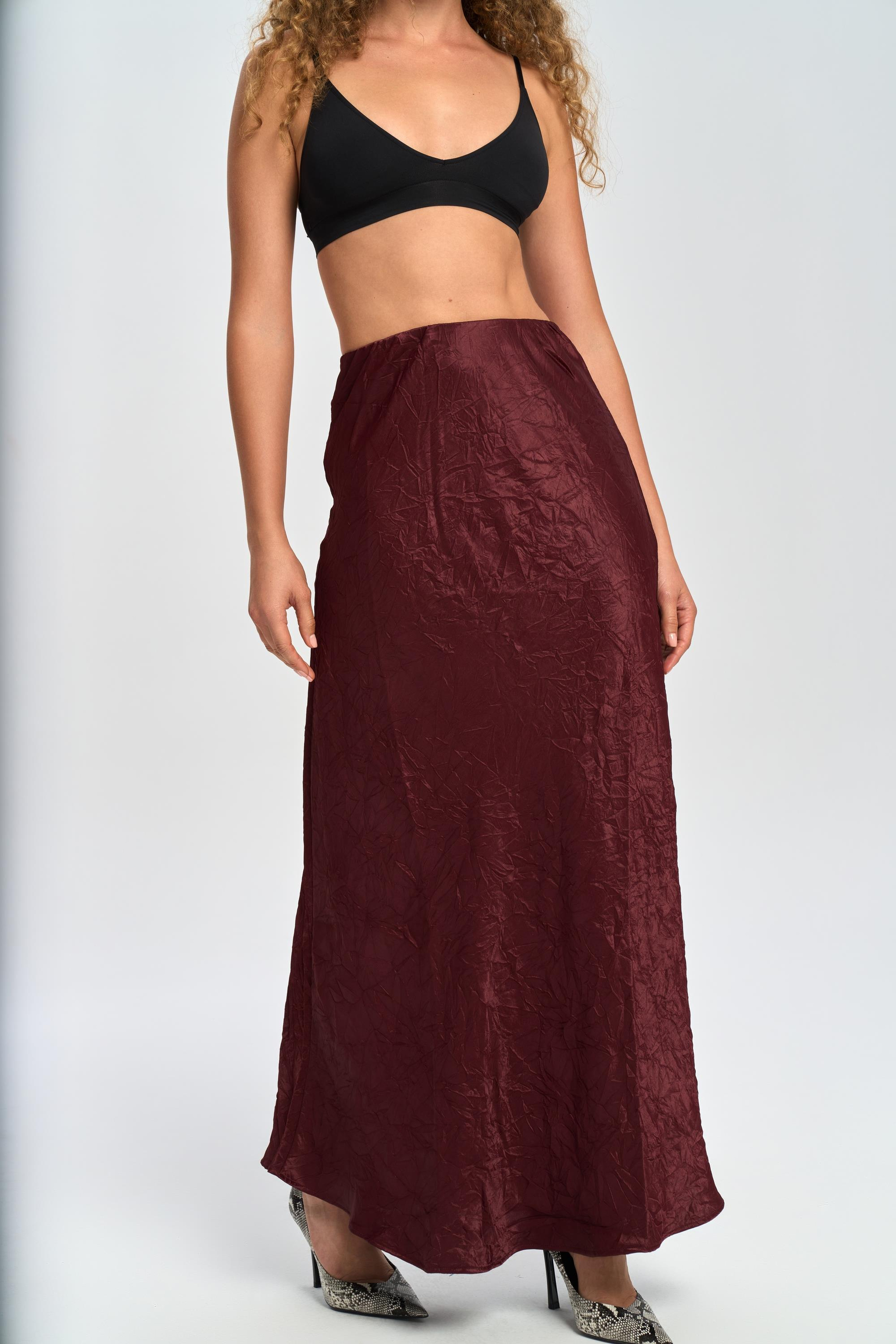 Eubah Kırışık Uzun Bordo Saten Etek