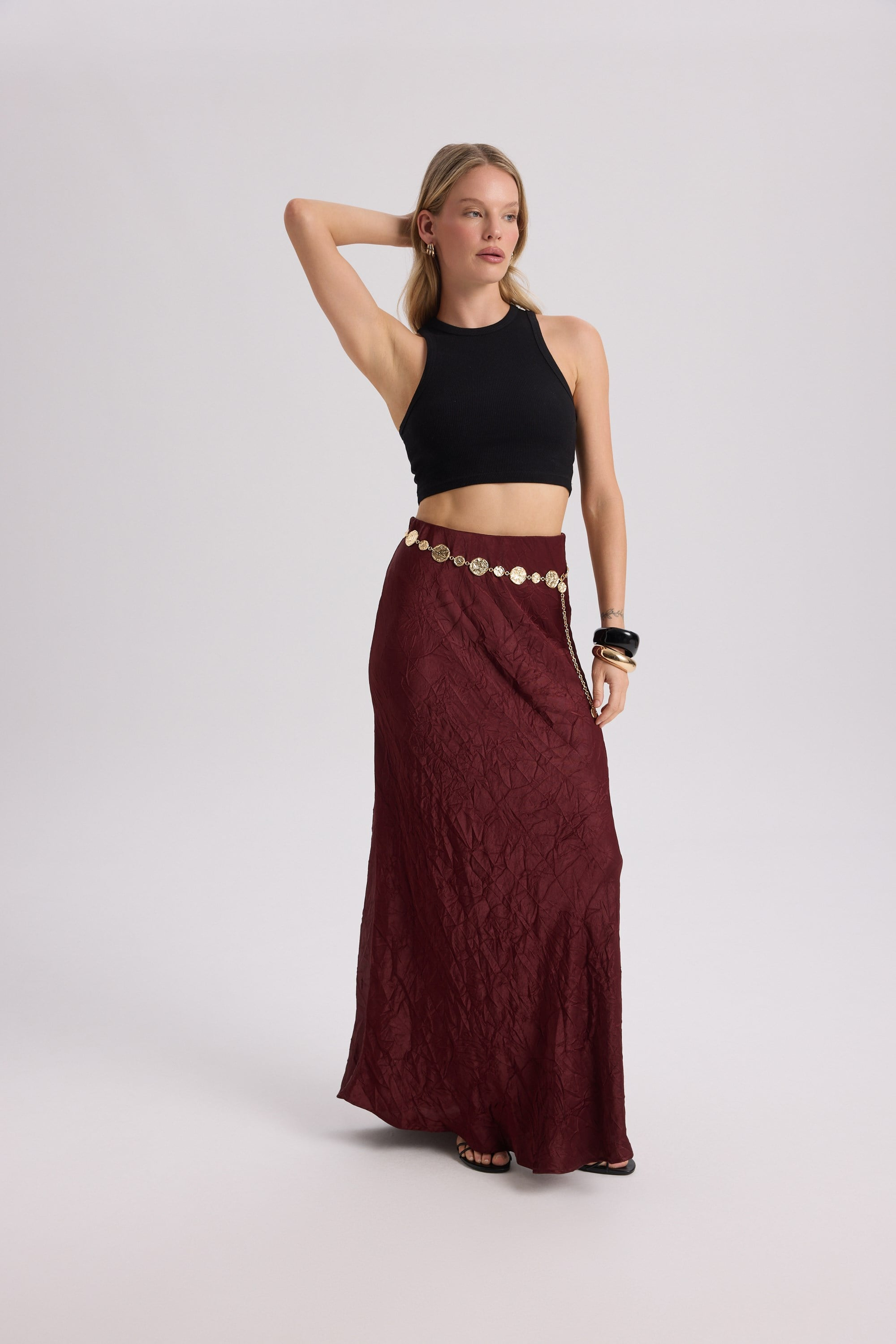 Eubah Crinkle-Effect Long Burgundy Satin Skirt
