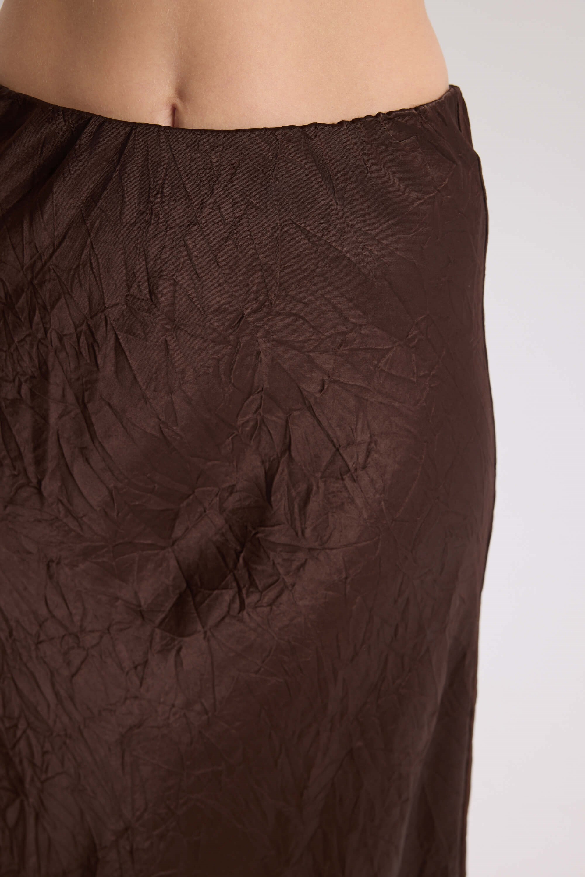 Eubah Crinkle-Effect Long Brown Satin Skirt