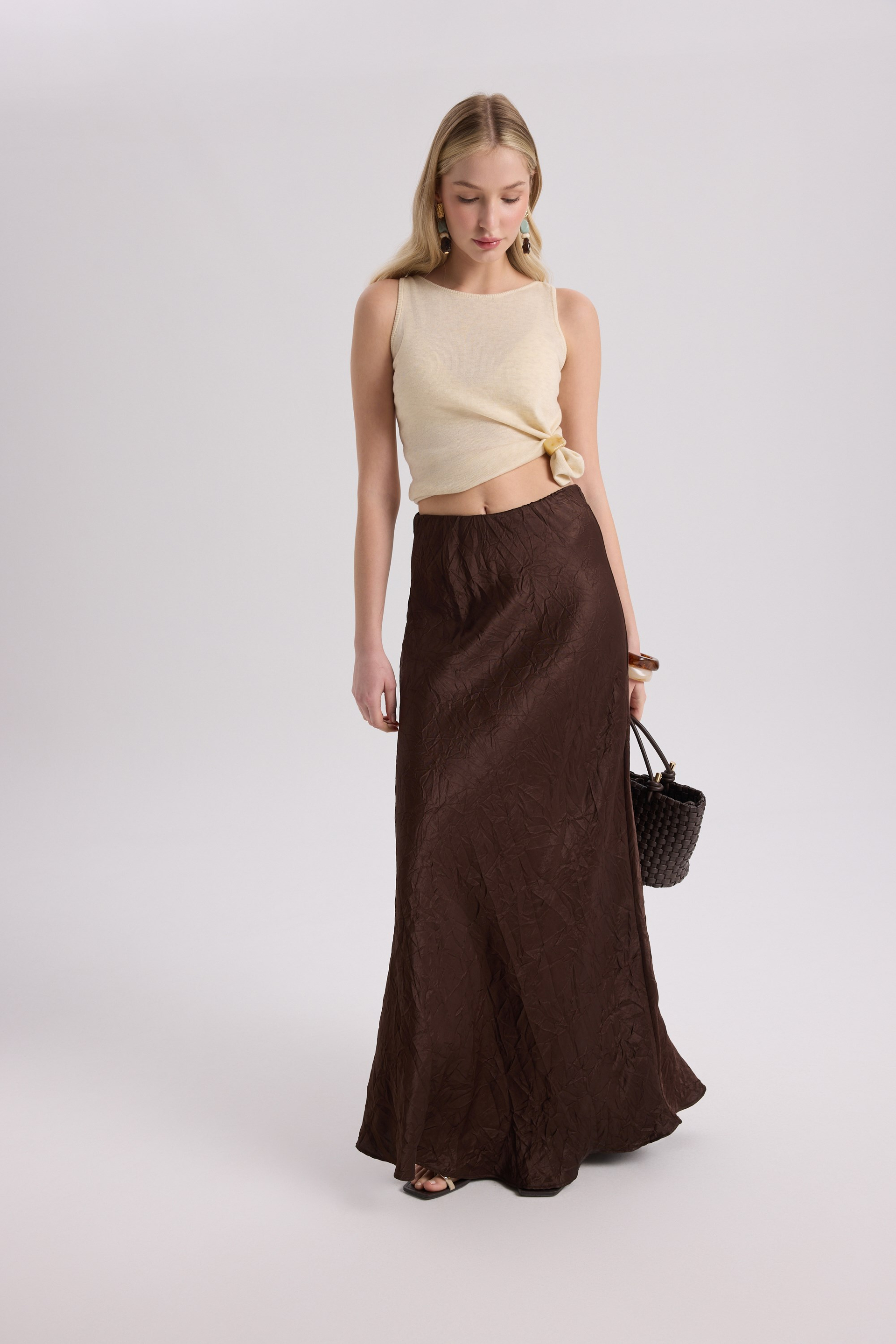 Eubah Crinkle-Effect Long Brown Satin Skirt