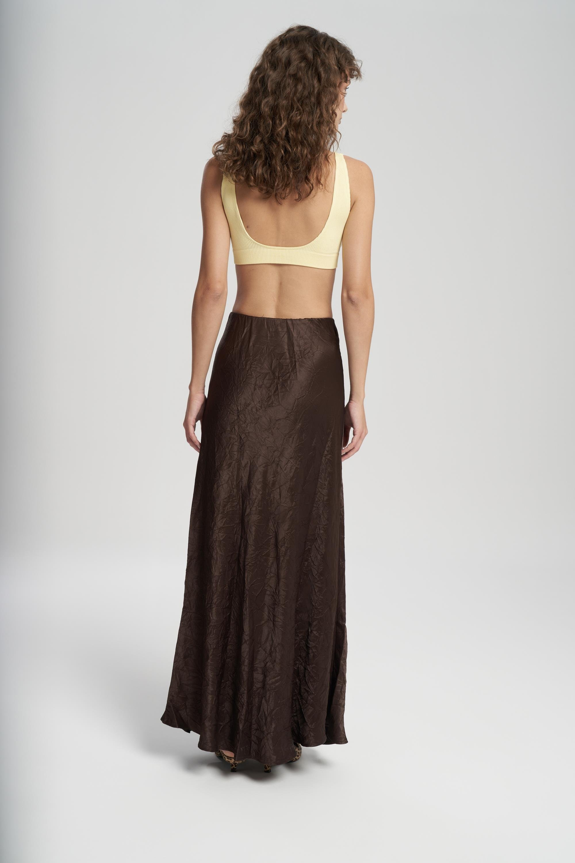 Eubah Kırışık Uzun Kahve Saten Etek