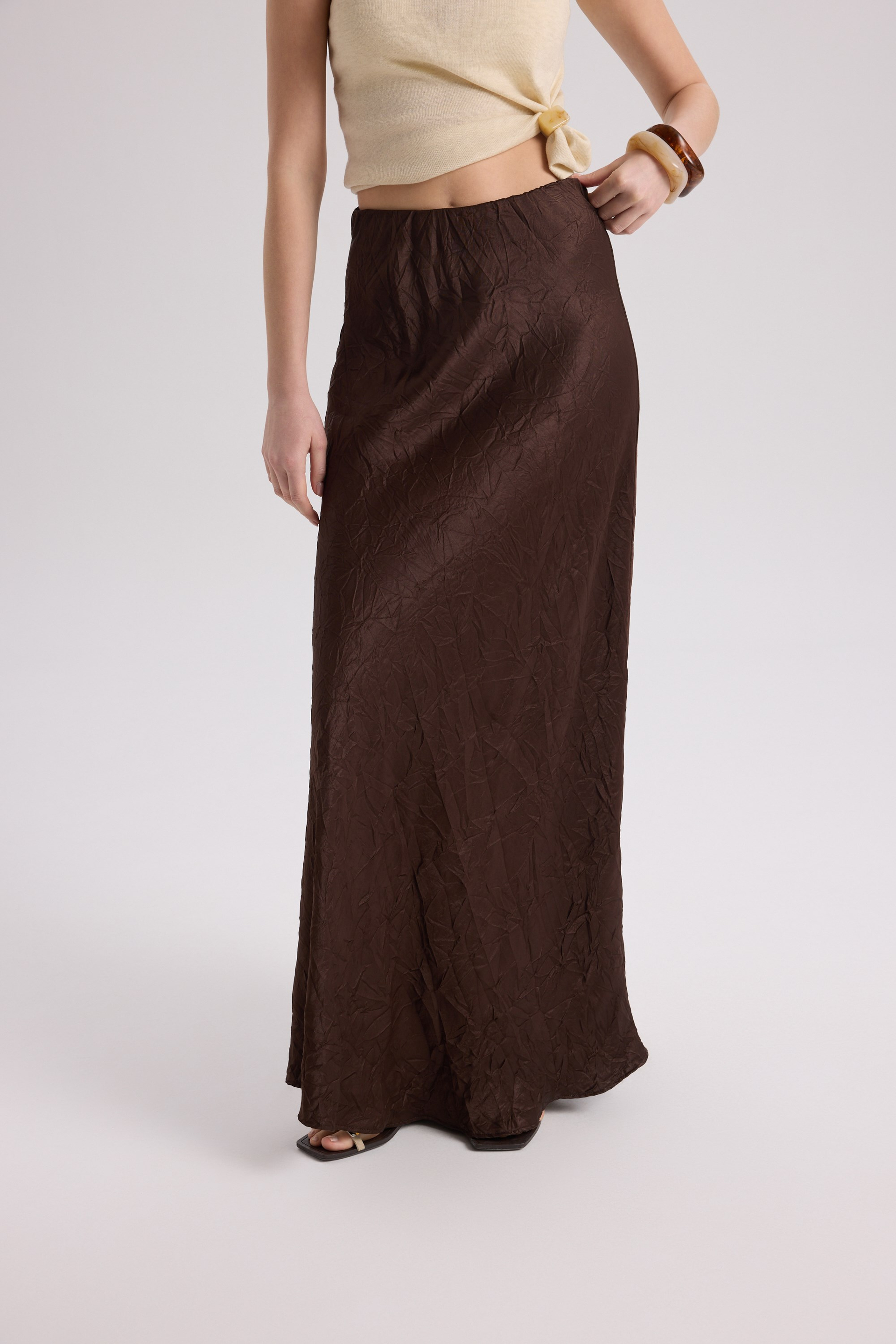 Eubah Crinkle-Effect Long Brown Satin Skirt