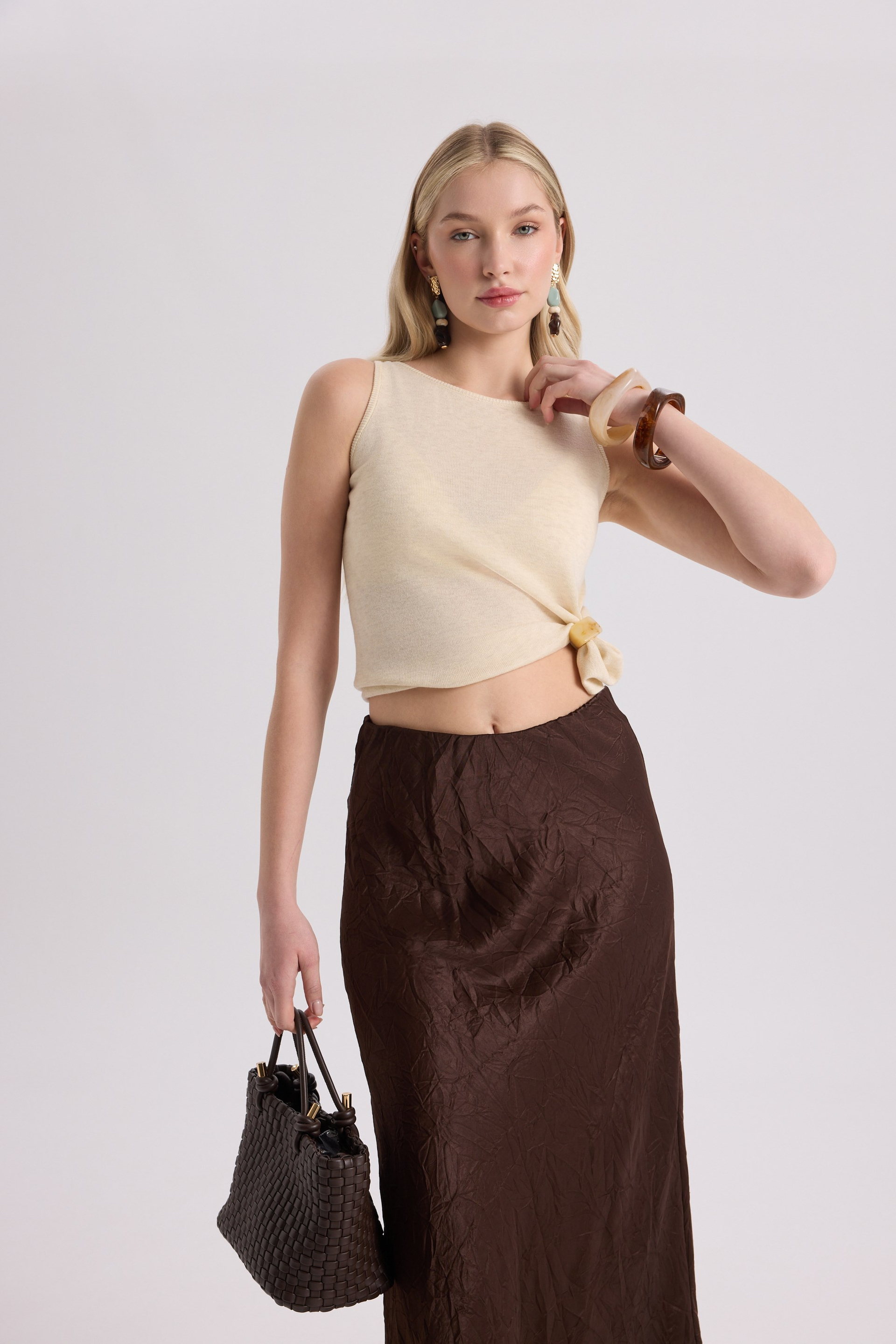 Eubah Crinkle-Effect Long Brown Satin Skirt