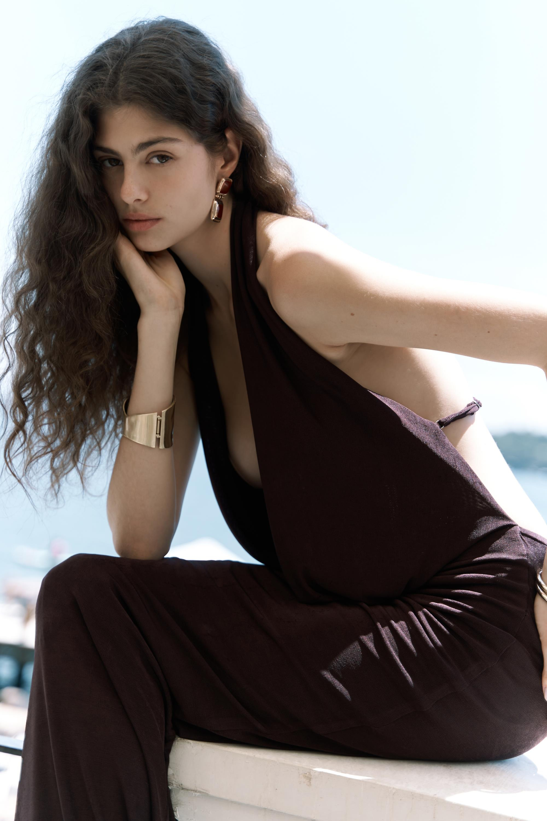 Fahmin Degaje Yaka Kahve Uzun Elbise