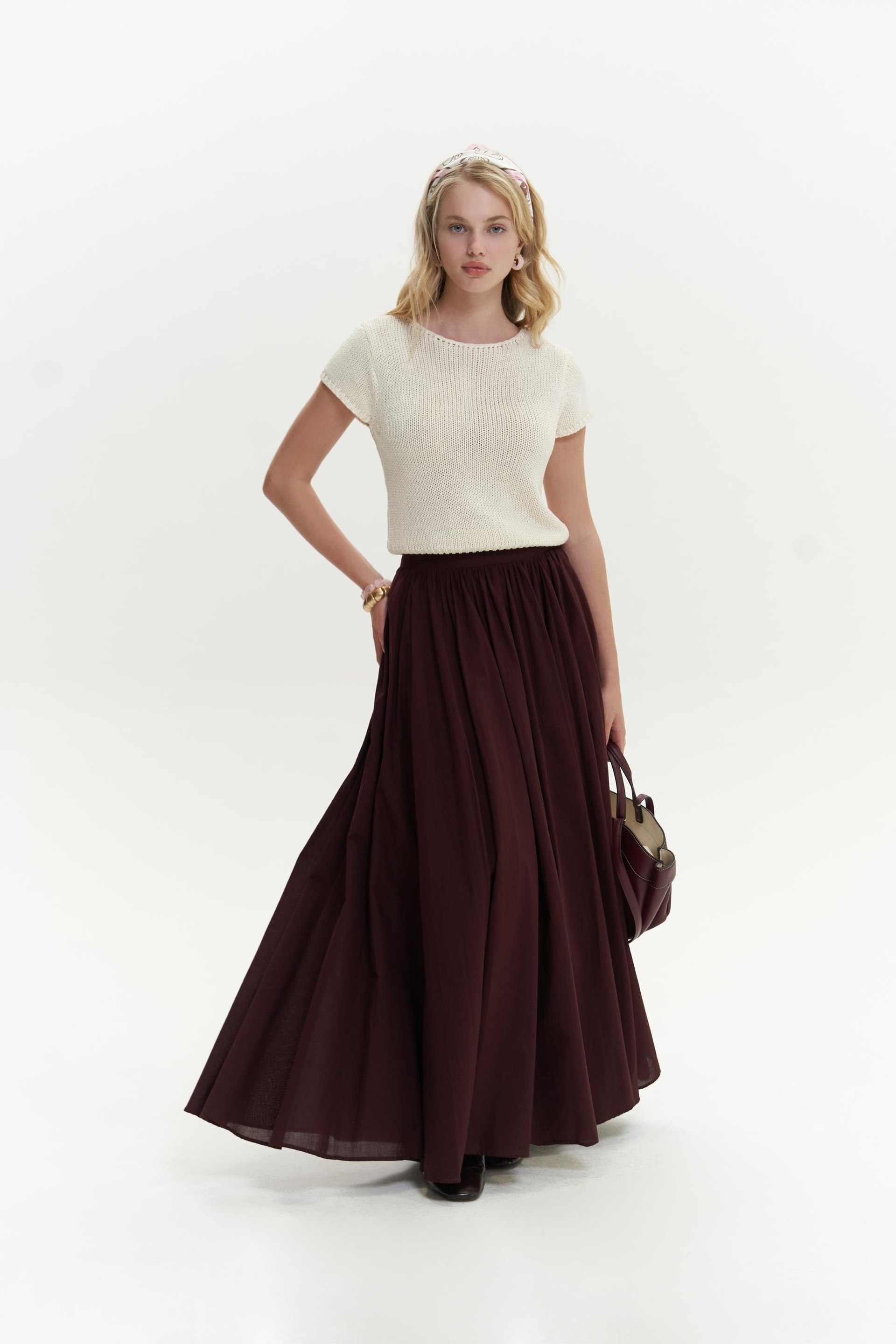 Faylinn Pileli Uzun Bordo Etek 