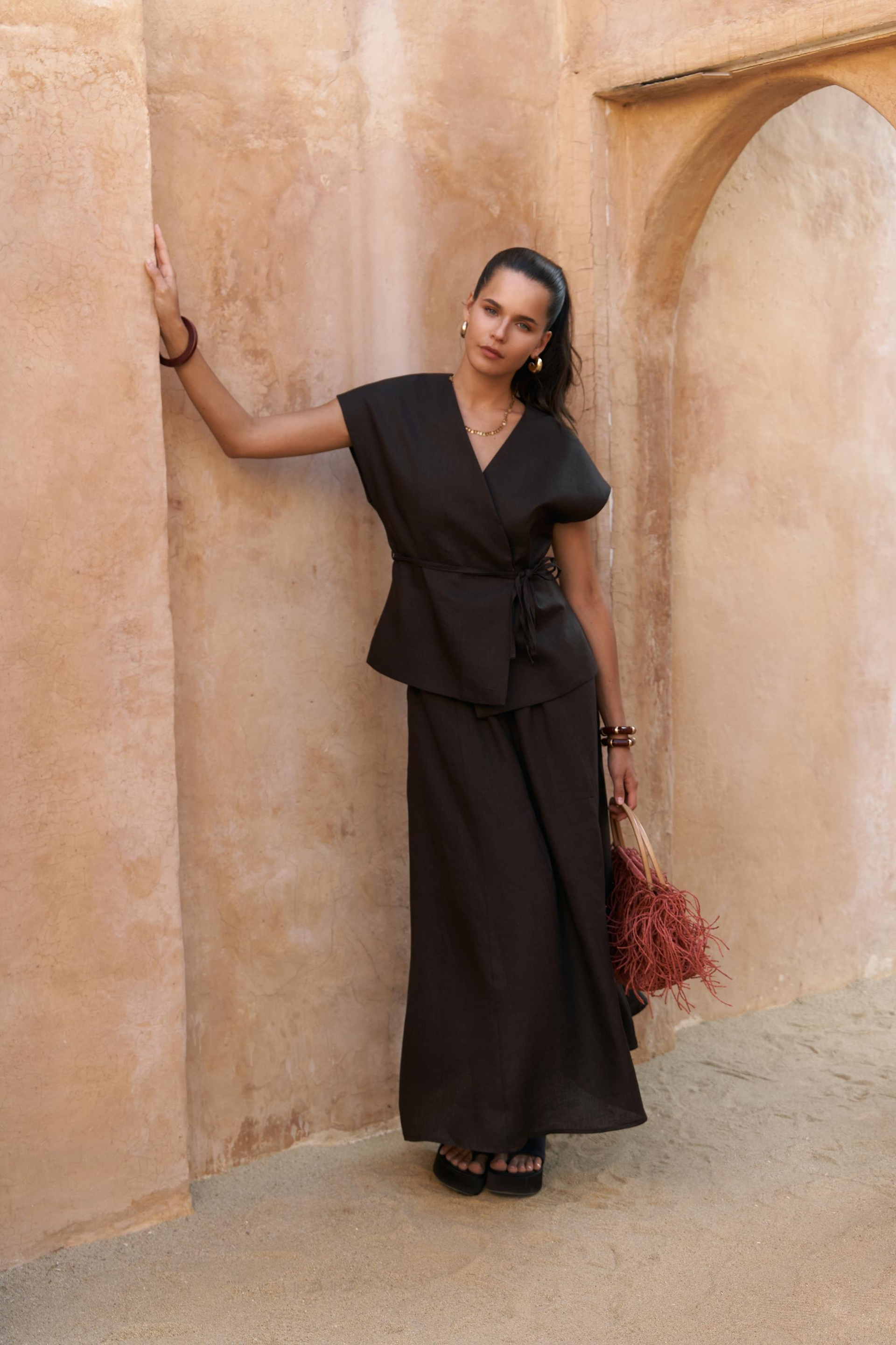 Fiametta Salaş Acı Kahve Keten Yelek Etek Takım