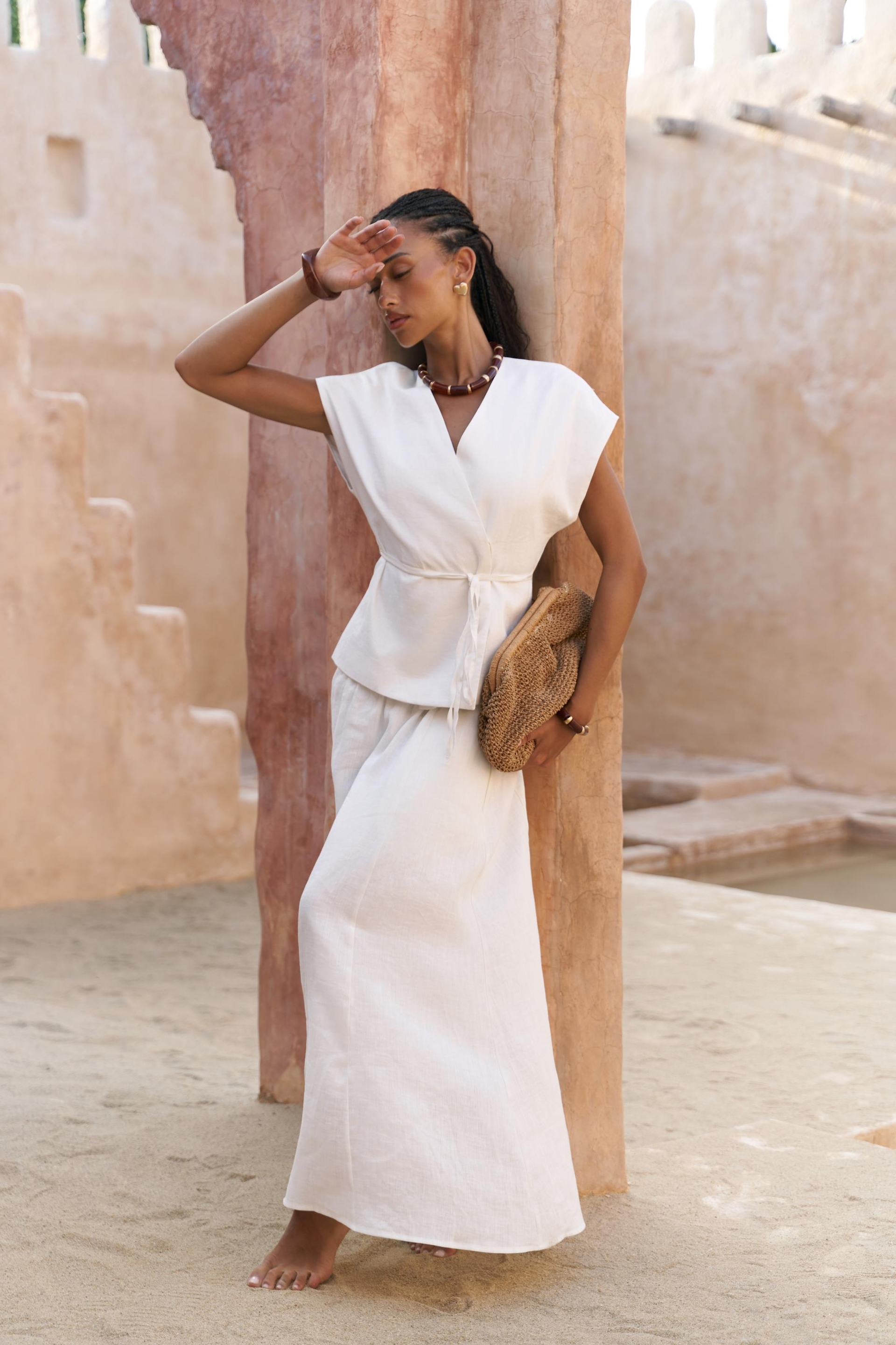 Fiametta Salaş Ekru Keten Yelek Etek Takım