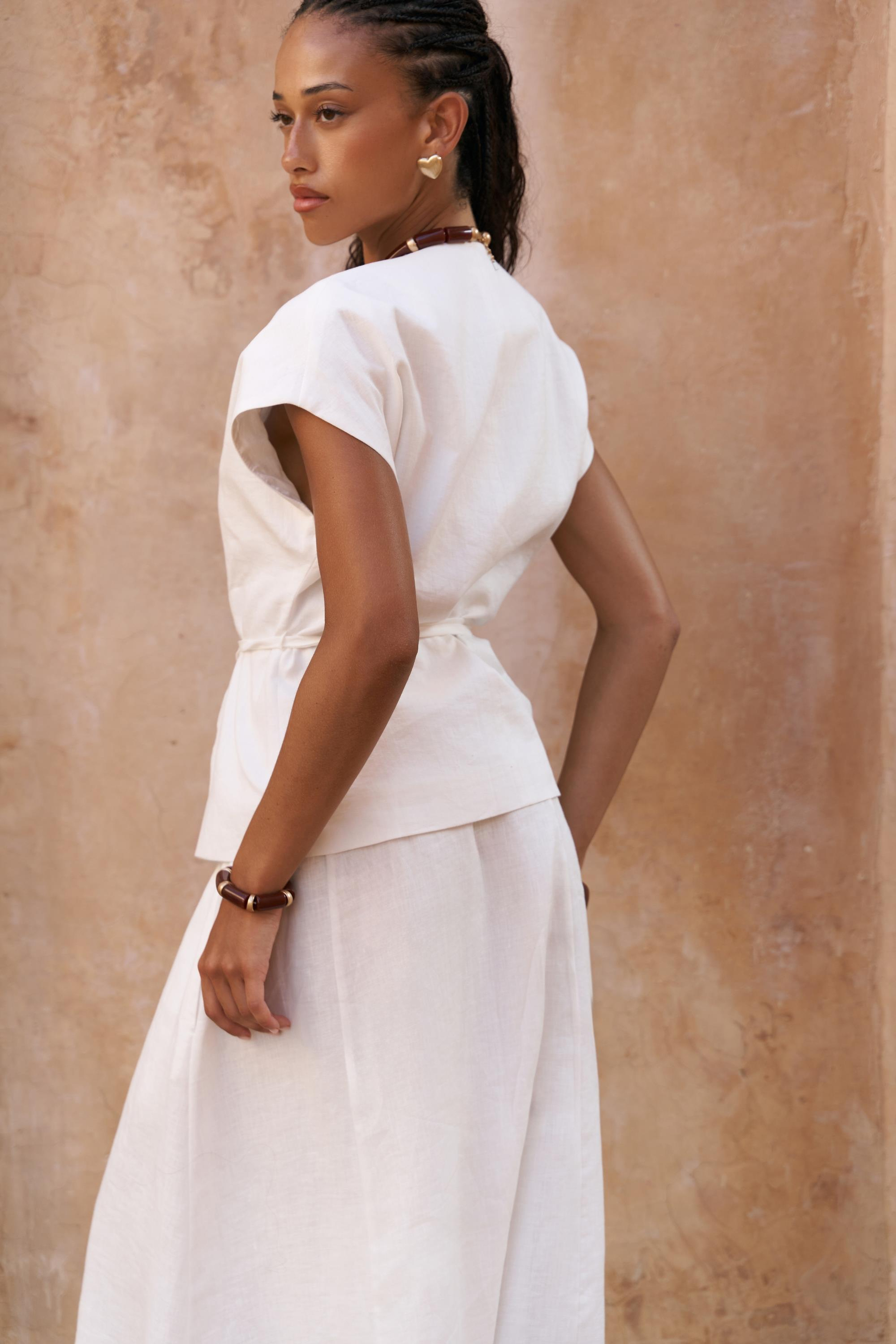 Fiametta Salaş Ekru Keten Yelek Etek Takım